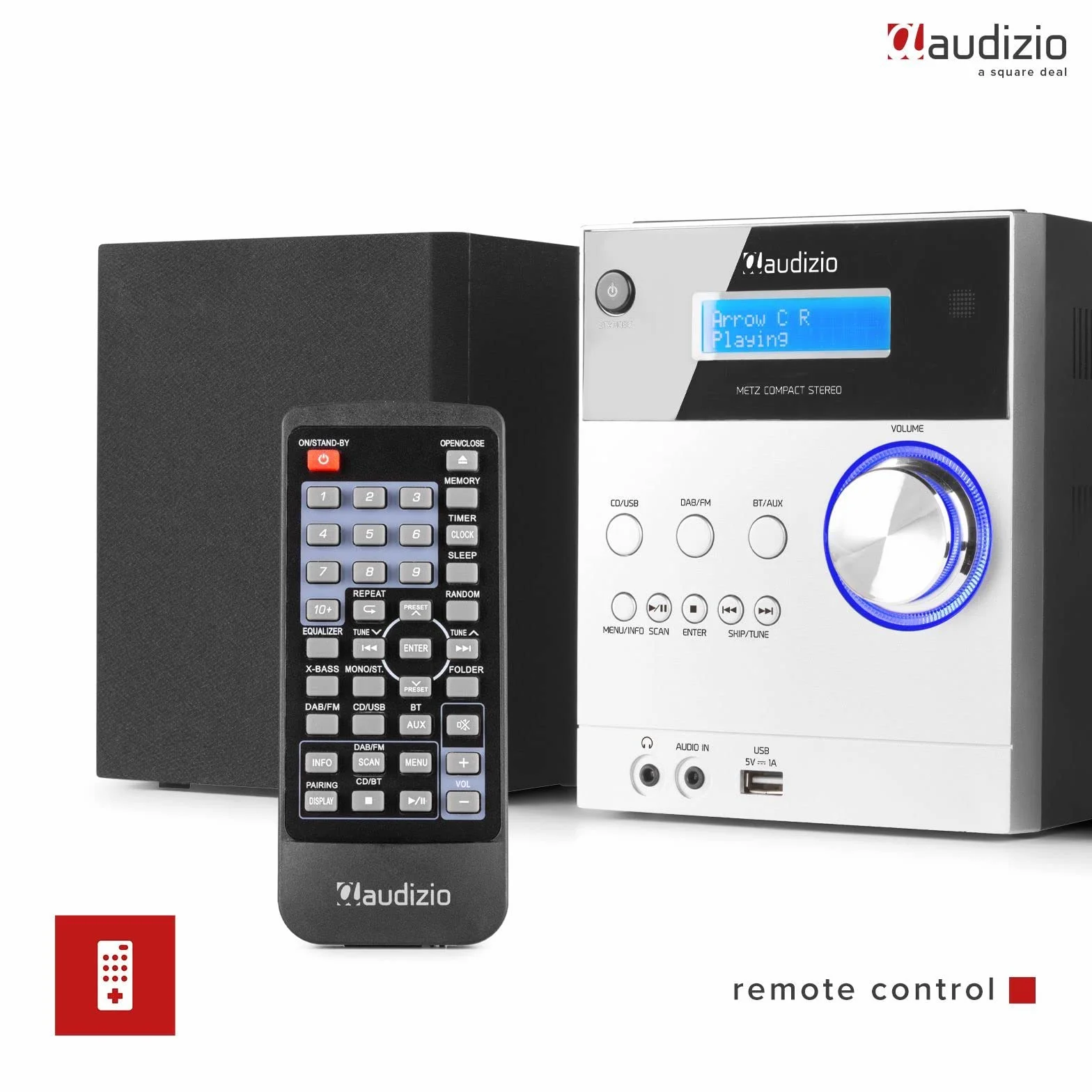 Audizio Metz Equipo de música HiFi con Altavoces, Minicadena con Radio Dab+, Bluetooth, Reproductor de CD, Entrada USB, Entrada Auxiliar, Incluye Mando a Distancia, Mini Cadena Color Aluminio