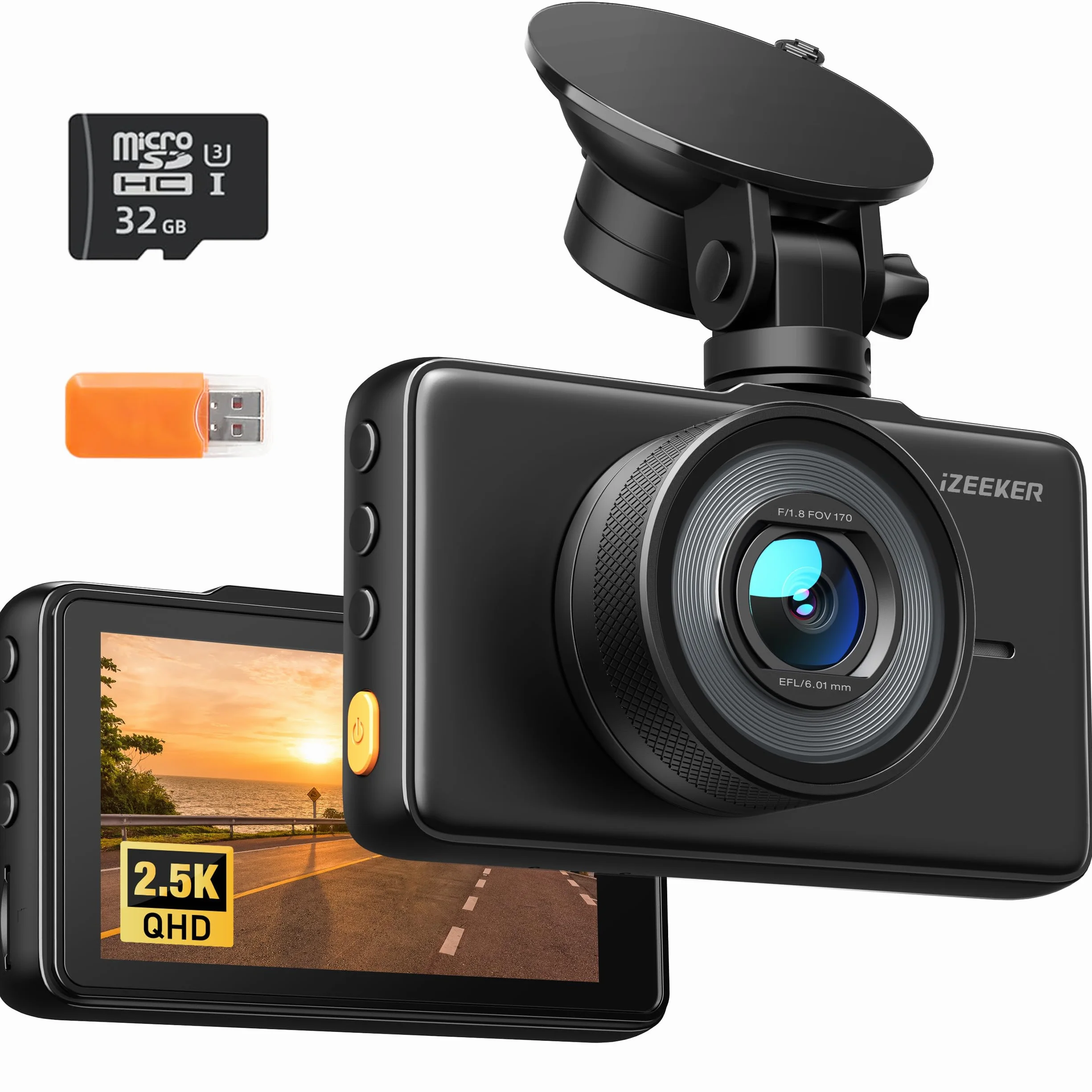 iZEEKER 2.5K Dashcam, Dash CAM Coche 1440P con Tarjeta SD de 32 GB, Camara Coche Grabadora, Pantalla IPS de 3", Visión Nocturna, WDR, Gran 170°, Grabación en Bucle, Sensor G, Modo de Aparcamiento 24H