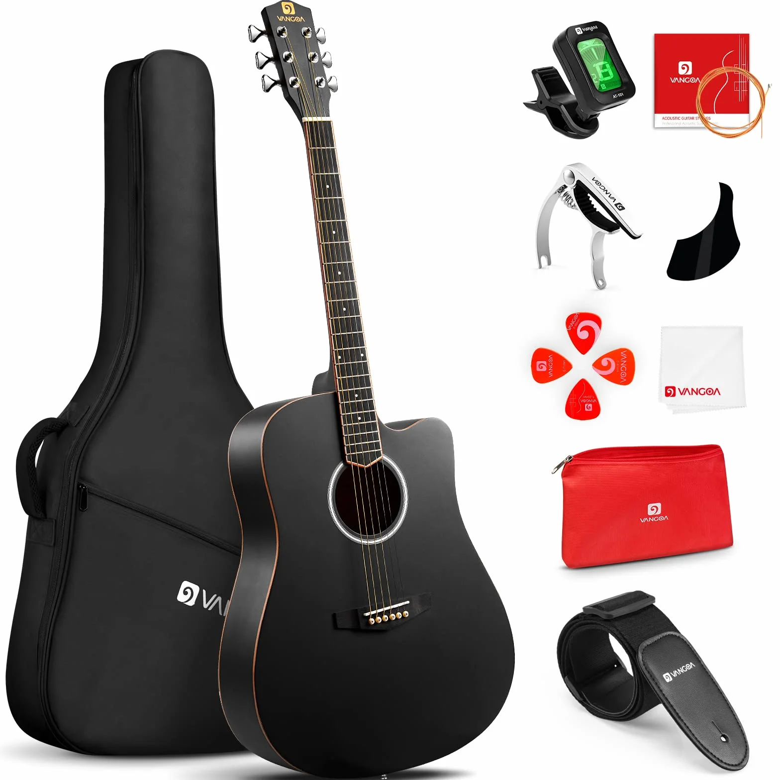 Vangoa 4/4 Guitarra Acústica Corte Tamaño Completo Set Dreadnought 41 pulgadas Folk Acoustic Guitar Kits para Principiante Estudiante Adulto, Negro