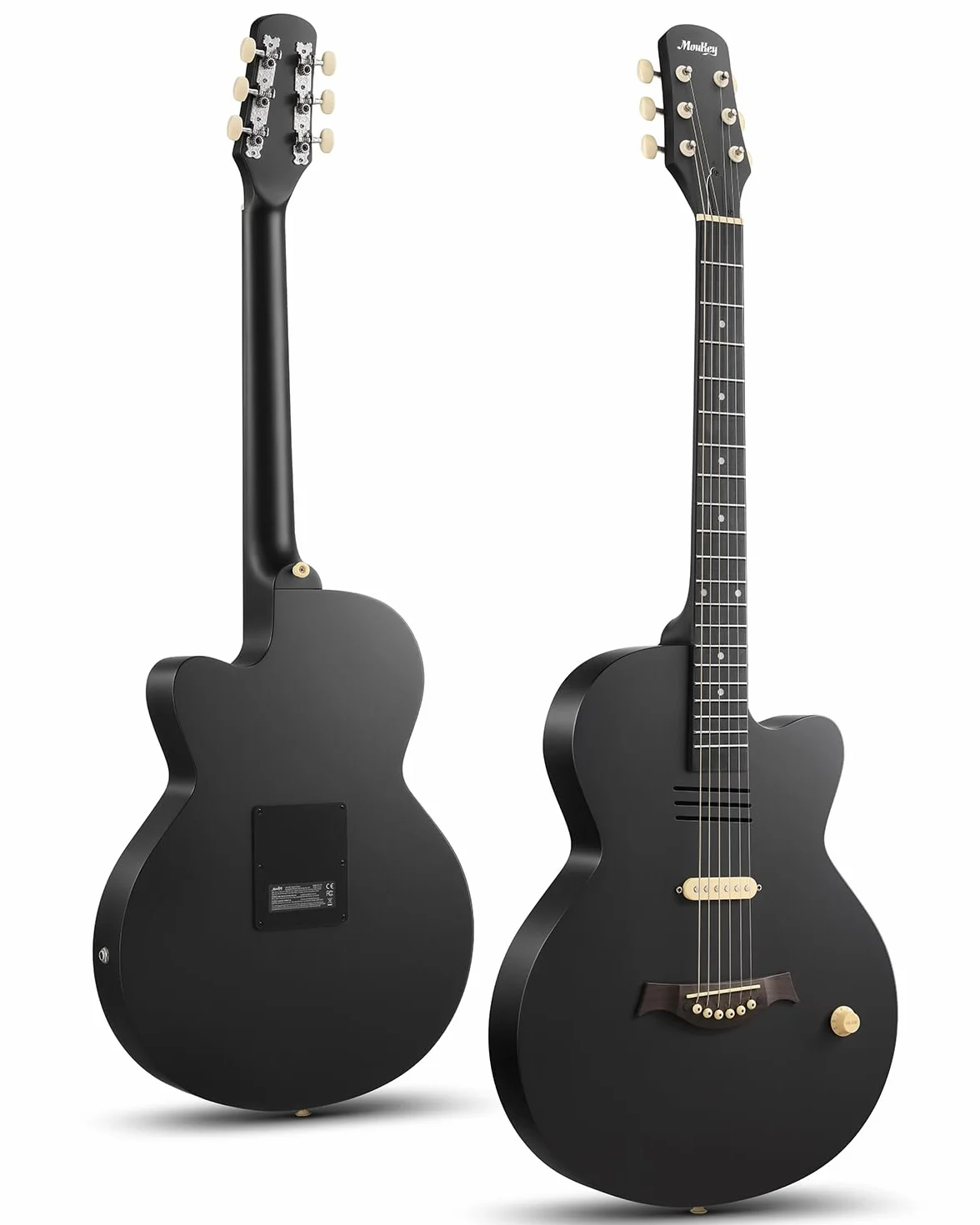 Moukey BCC-100 Guitarra electroacústica de 39 pulgadas con cutaway, pastilla pasiva, funda, correa, púas, afinador y cejilla, modo acústico y eléctrico, Negro