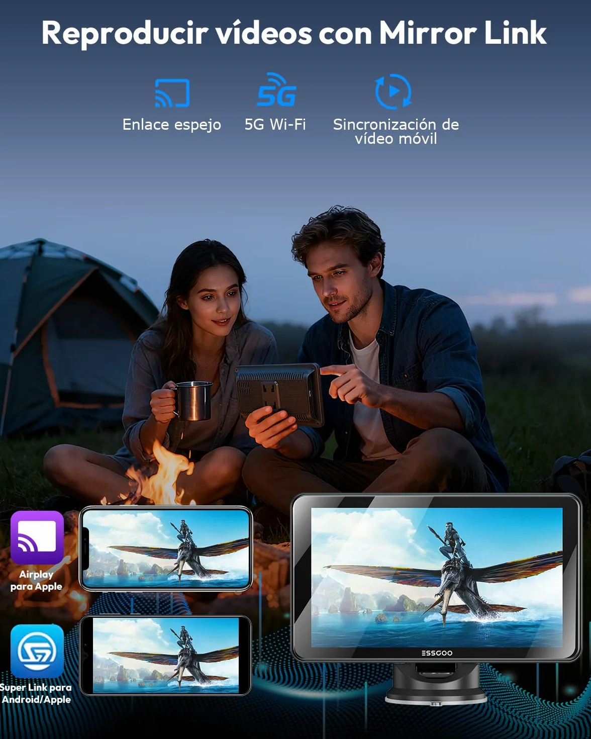 ESSGOO Pantalla Carplay Coche con Cámara Retrovisora,7 Pulgadas Apple Car Play Android Auto Inalámbrico,Pantalla Táctil Portátil Radio Coche con Bluetooth,Airplay,Mirror Link,FM,AUX,Siri,Navegación