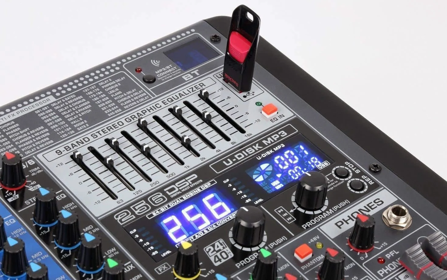 Power Dynamics PDM-S604 - Mezclador DJ profesional de 6 canales con efectos DSP, ecualizador gráfico de 9 bandas, Bluetooth, Reproductor USB/MP3, entrada de micrófono, ideal para música en directo