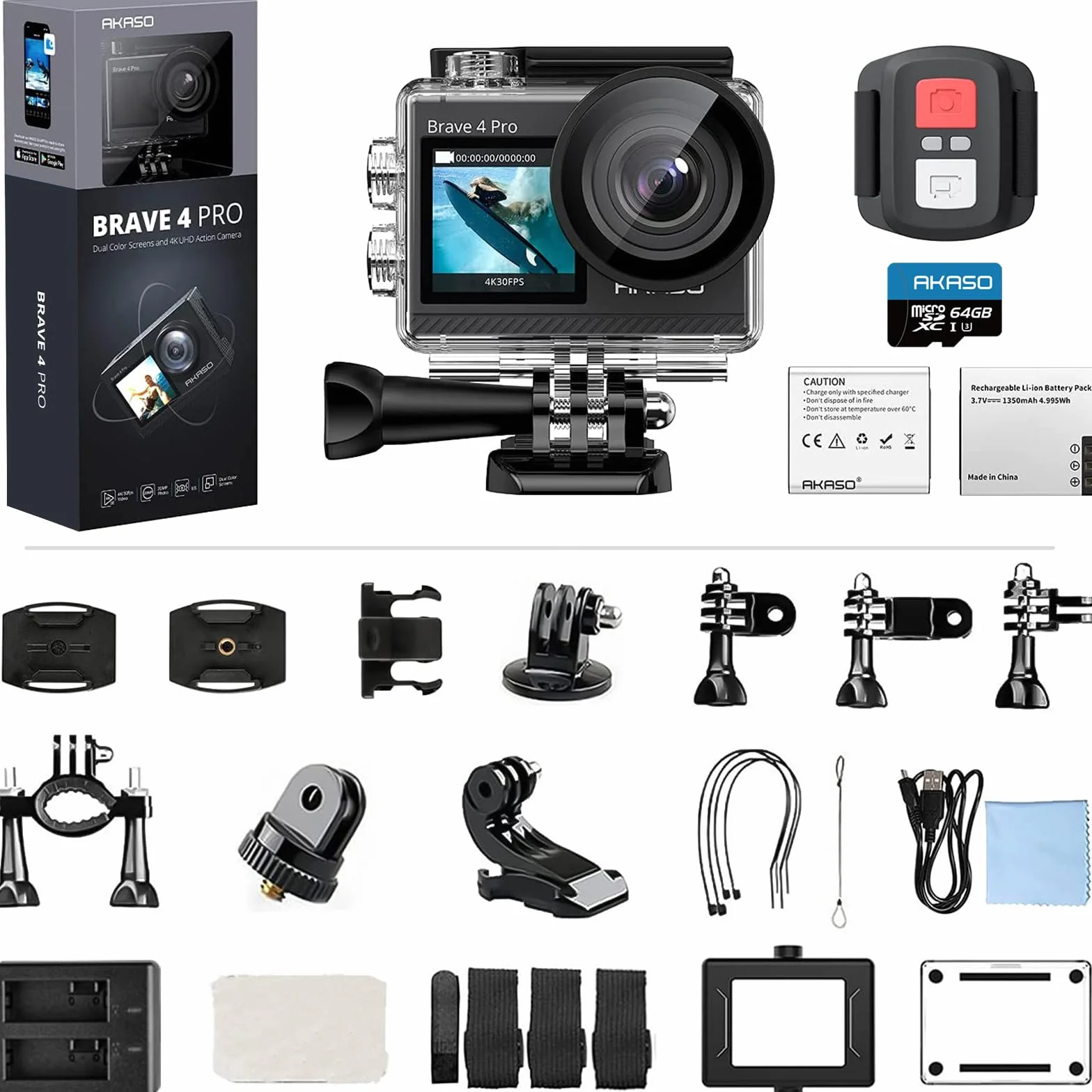 AKASO Brave 4 Pro Cámara Deportiva 4K 20MP con Tarjeta de Memoria U3 de 64GB Cámara de Acción Camara Acuatica Sumergible 40M con Dual Pantalla EIS 5X Zoom 2*1350mAh Baterías Multi Accesorios