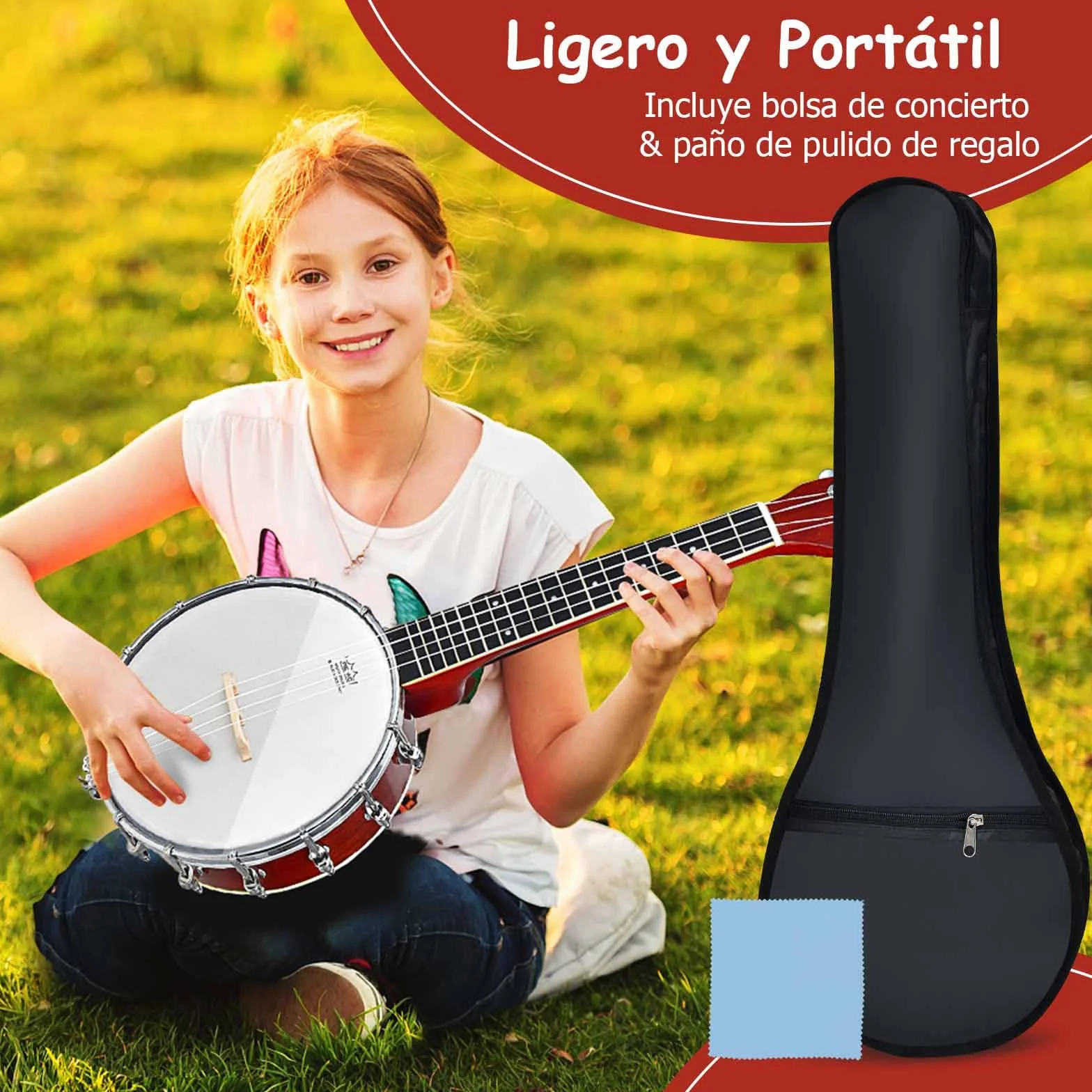 GOPLUS Mini banjo con 4 cuerdas, banjo de viaje de 61cm con parche Remo de primera calidad y fondo de sapeli, set de banjo para principiantes y niños