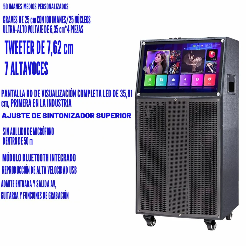14" Máquina de Karaoke con Pantalla táctil | Sistema de PA portátil con 2 micrófonos inalámbricos | Altavoz WiFi Bluetooth para Fiesta al Aire Libre en casa |Sistema Android 40-400W