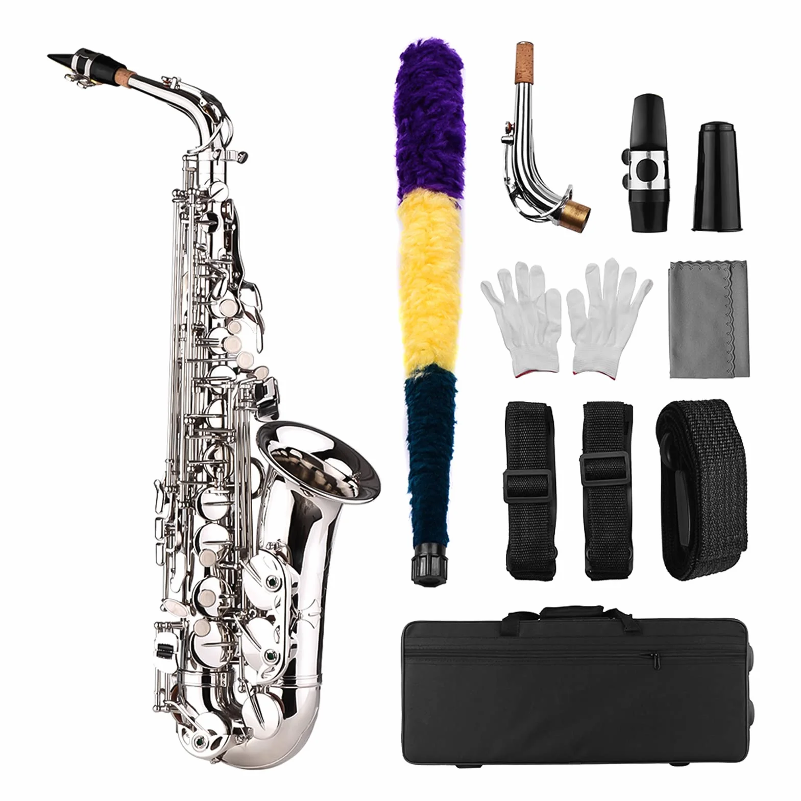 Btuty Saxofón Sax Eb Alto Latón E Plano con Patrón Tallado en Superficie, Boquilla de Plástico Exquisita con Guantes, Paño de Limpieza, Cepillo, Correas