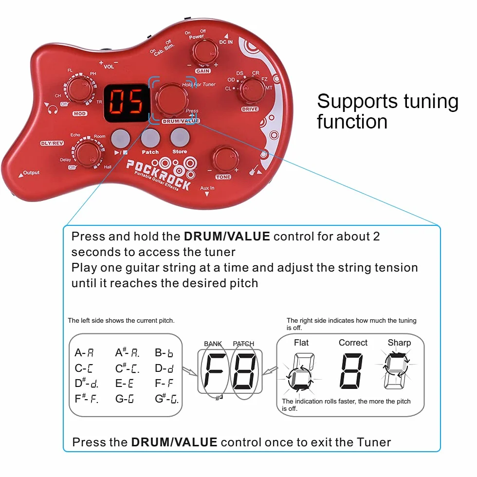 Procesador multiefectos para guitarra con efectos de pedal, 15 tipos de efectos, 40 funciones de sintonización, ritmos de batería con adaptador de alimentación