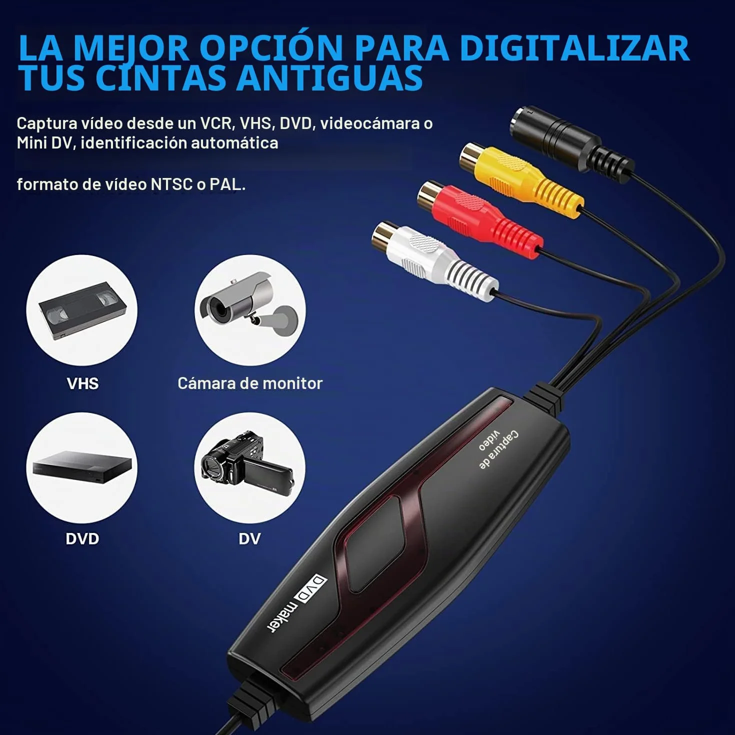DIGITNOW!Convertidor de Captura de Vídeo USB,Hi8 VHS a DVD Digital Grabber Grabador ,Capturadora de Audio Vídeo para Mac Windows,Digitalizadora y Edite con Adaptador Scart/AV
