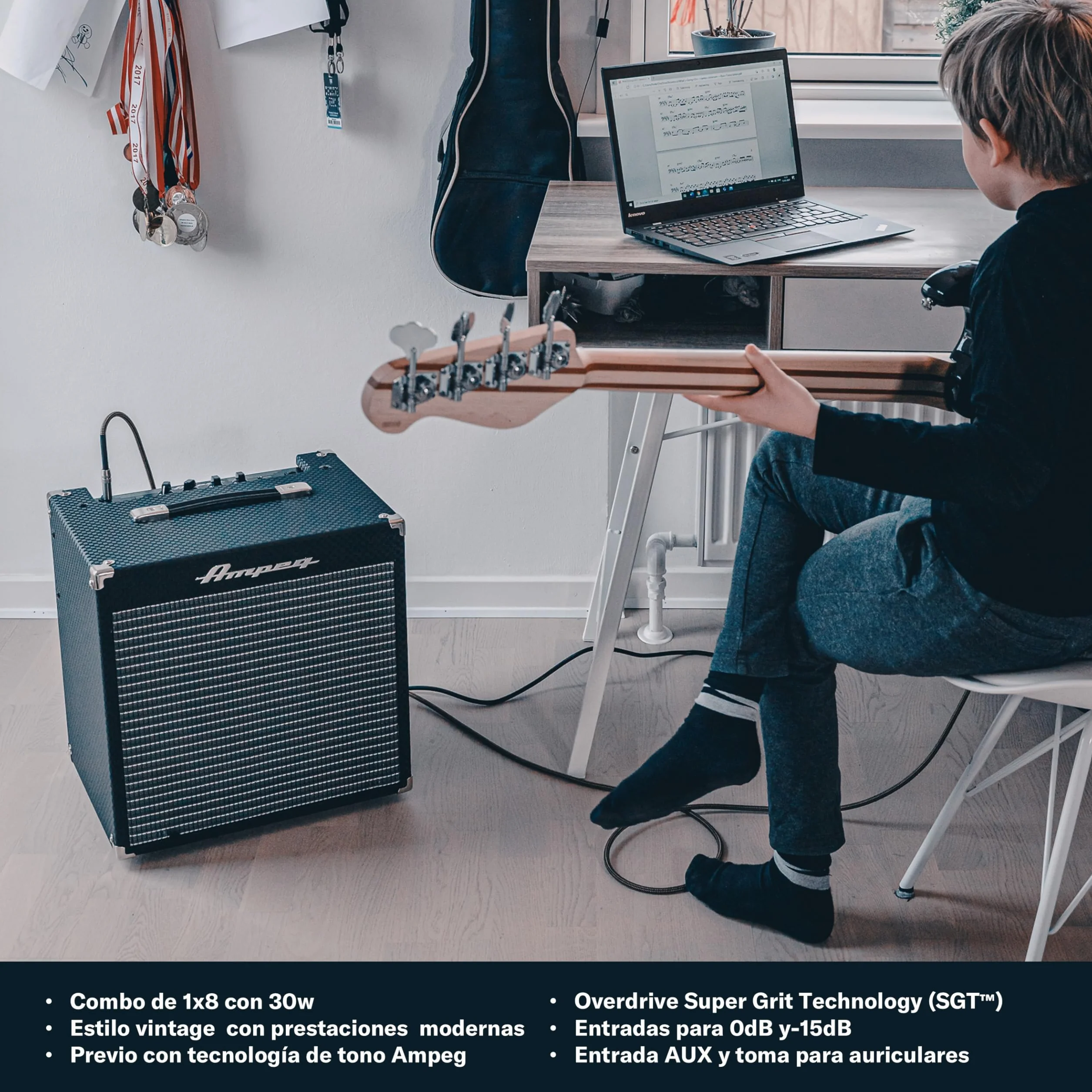 AMPEG RB-108 Amplificador Combo para Bajo – Amplificador de práctica de 30W con Previo AMPEG Legacy, Overdrive SGT, Ecualizador de 3 bandas, Entrada AUX, Salida de auriculares y altavoz 1x8" – Negro