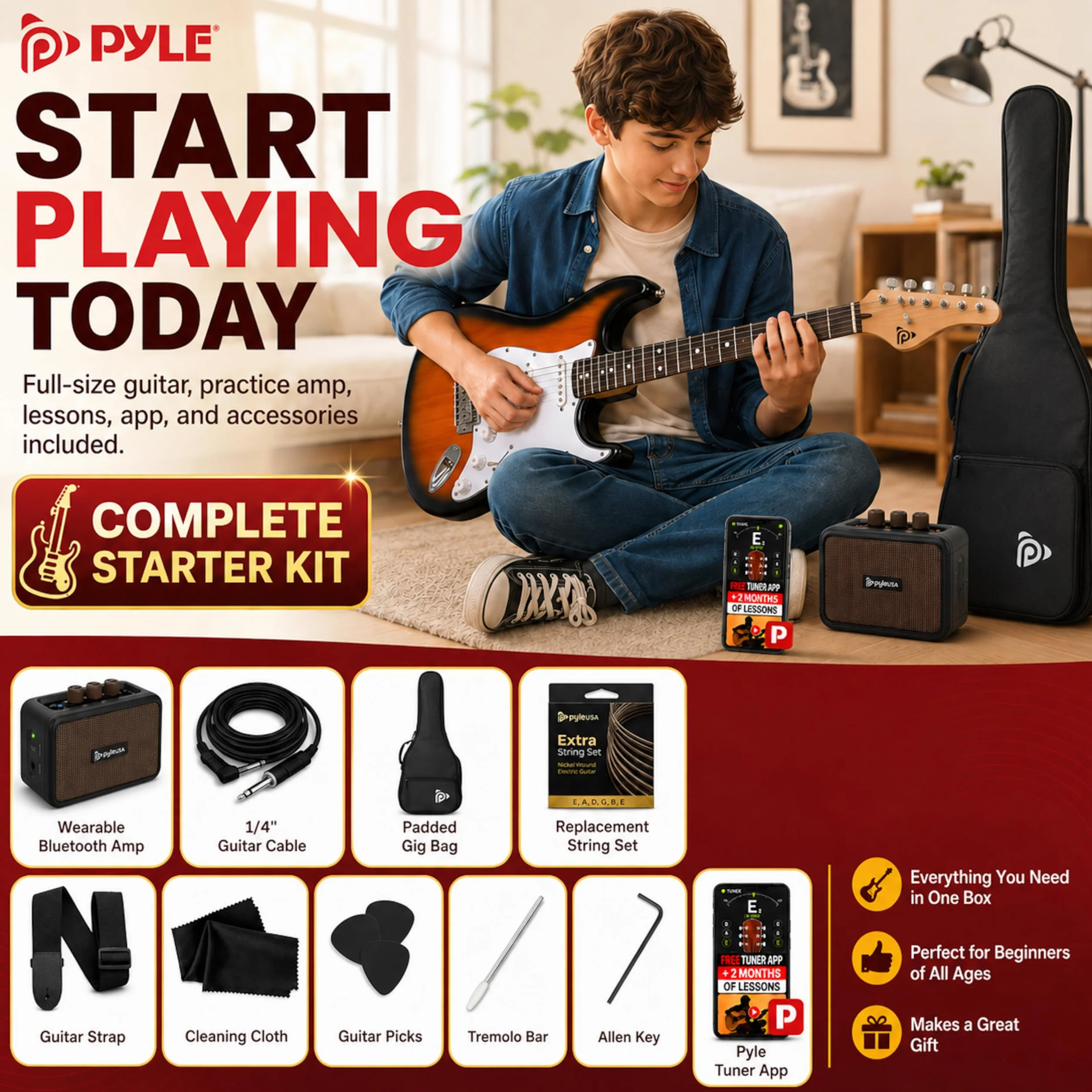 Pyle kit guitarra electrica con amplificador bluetooth portatil, Tamaño completo, Pastillas Humbucker estilo ST, Accesorios incluidos: esctuche, Correa, Cuerdas, Puas, Paño de Limpieza