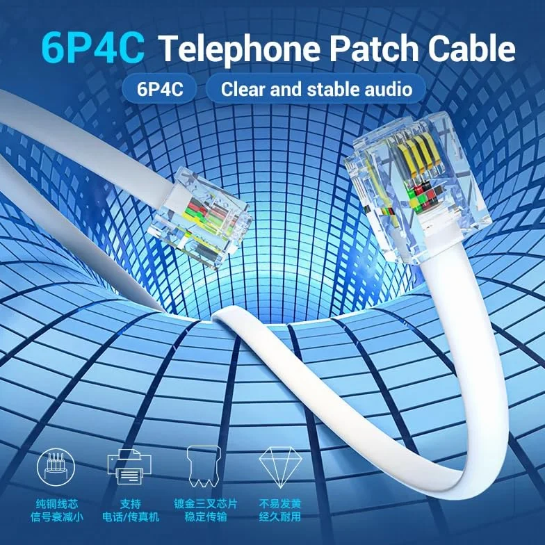 Cable Modular RJ11 6P4C 15 Mts Blanco para Teléfono Fax Módem Router DSL