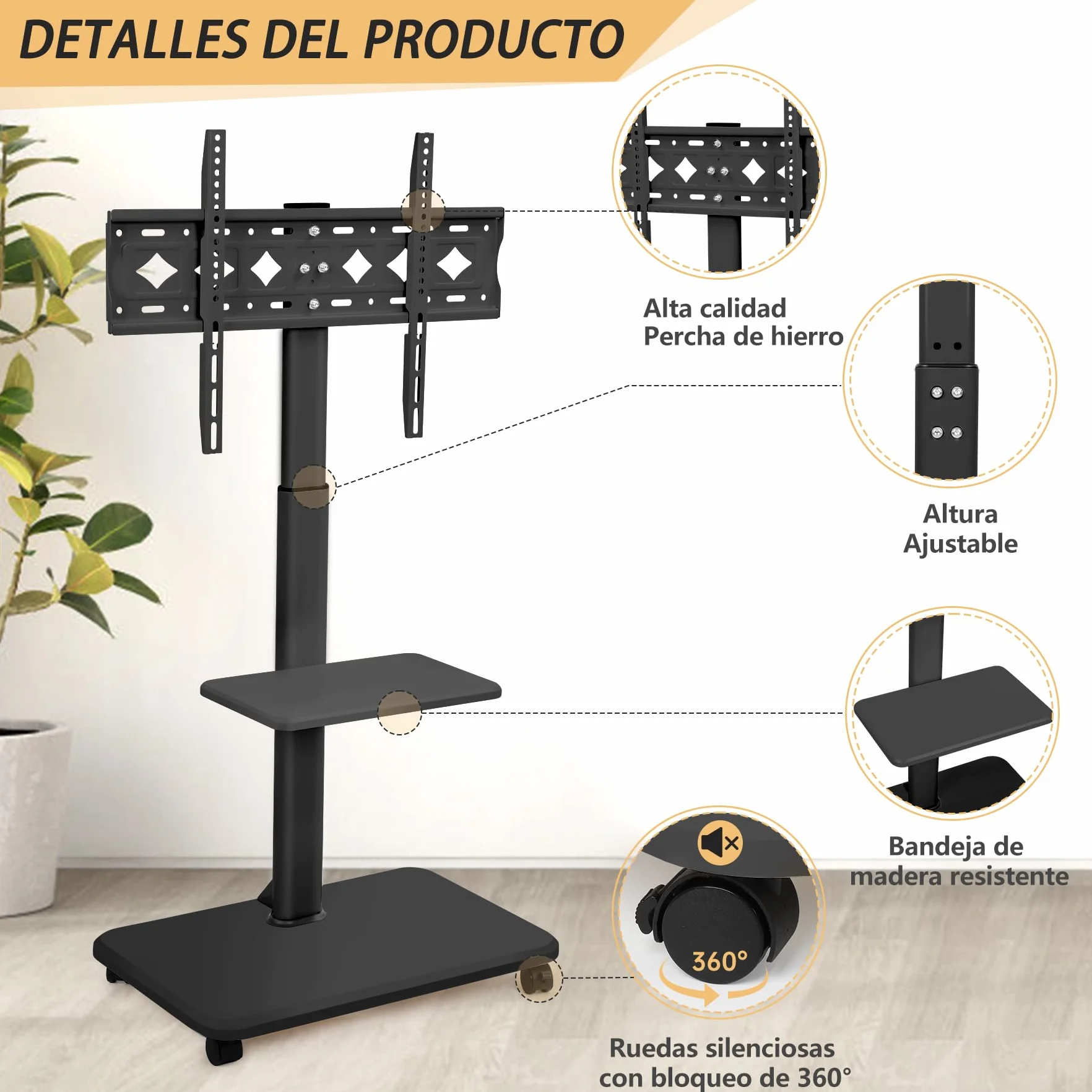 Soporte de TV con Ruedas para Pantallas LED LCD OLED 32"-70", 100 Libras, Altura Ajustable, Carrito Móvil, Negro