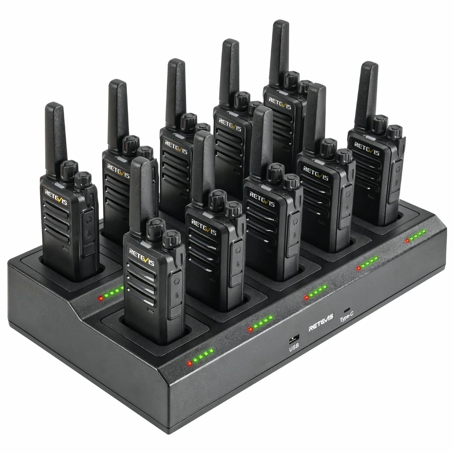 Retevis RT668 Walkie Talkies con Cargador de 10 Vías, PMR446 Radio Bidireccional Profesional, Adaptador Reemplazable, Resistente walkie pmr Recargable para Proveedor, Fabricante(Negro, 10 Piezas)