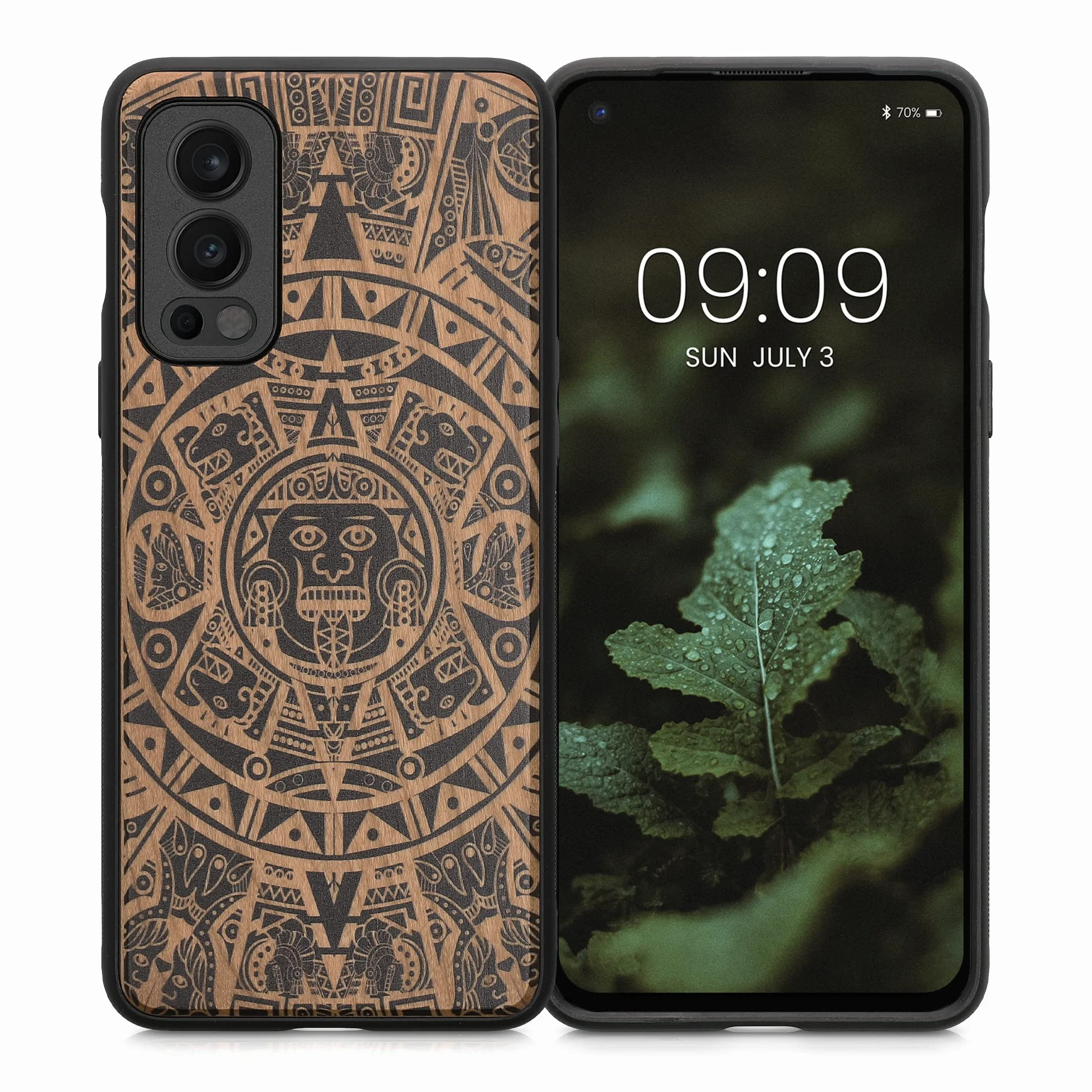 kwmobile Carcasa OnePlus Nord 2 5G Funda de Madera con Bumper Antigolpes Calendario Azteca