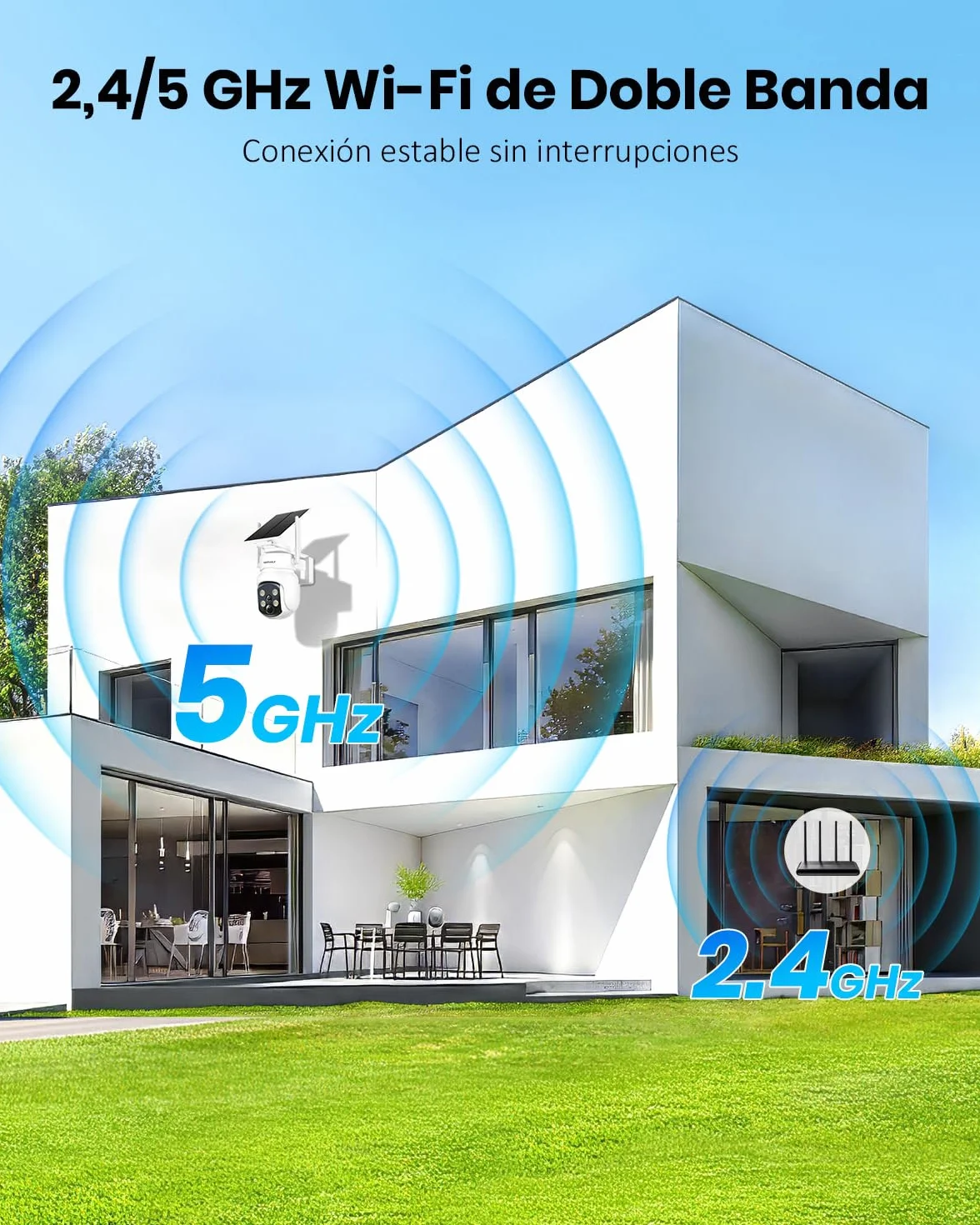 Camara Vigilancia WiFi Exterior Solar 2 en 1, 4MP/2.5K Camara sin Cables, 360° Cobertura, Fácil Instalación, 2.4/5 GHz WiFi, Visión Nocturna en Color, PIR, SD/Nube