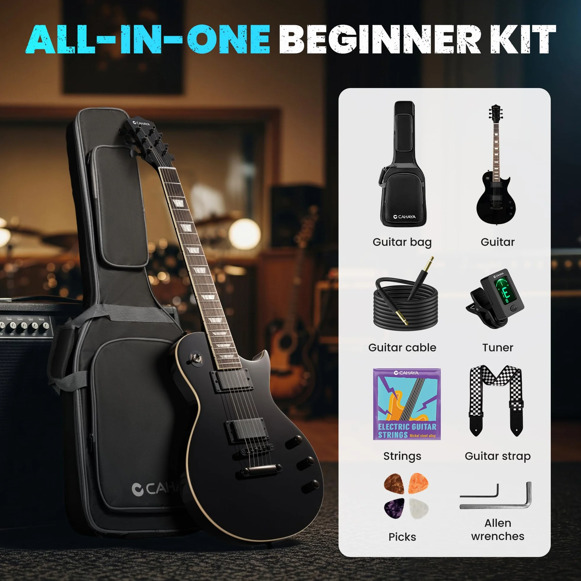 CAHAYA Guitarra Eléctrica LP 39": Kit para Principiantes, Cuerpo de Okoumé, Mástil de Arce, 2 Pastillas Humbucker, con Funda, Correa y Cable, Negro