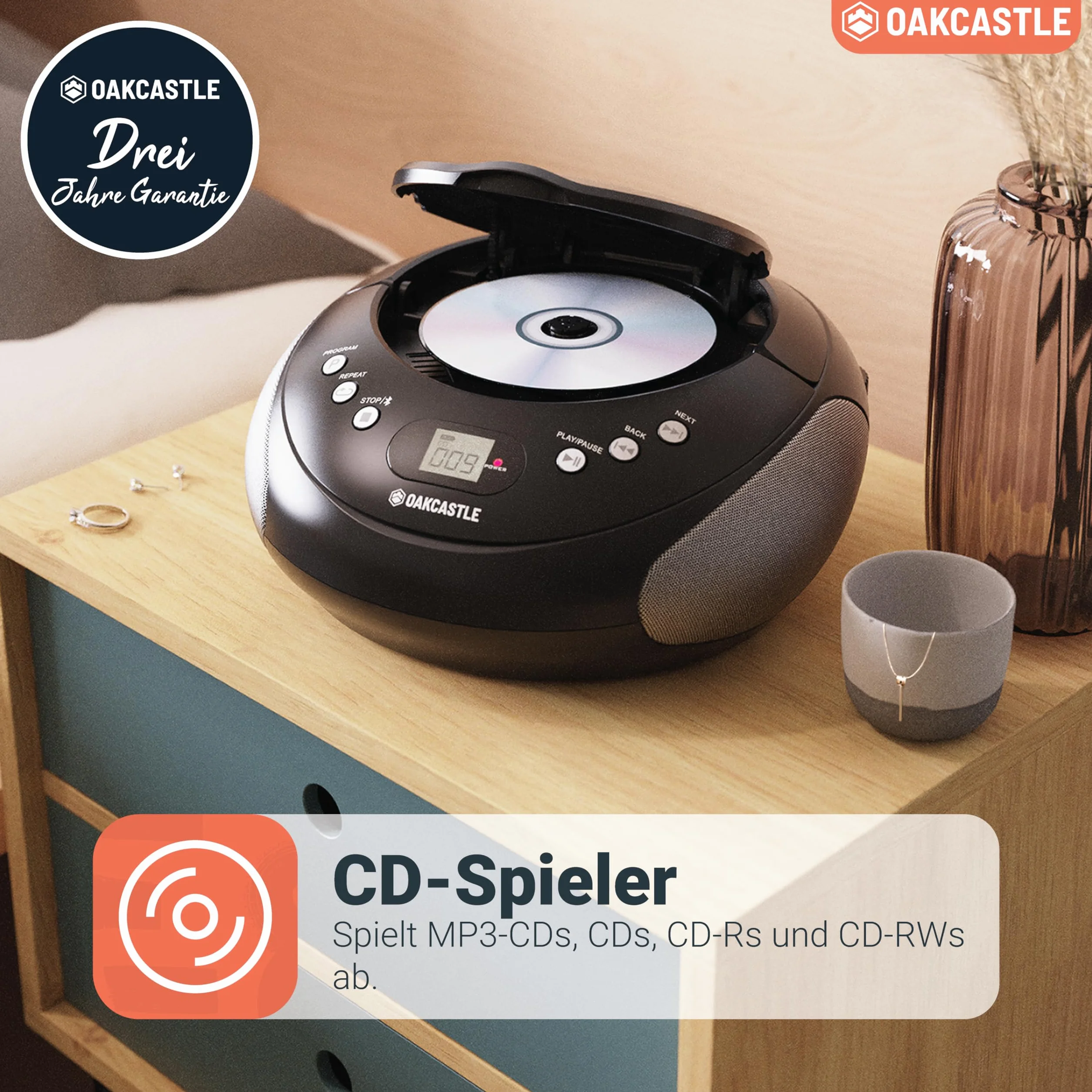 OAKCASTLE CD250 Boombox CD Bluetooth Portátil Radio FM Negro