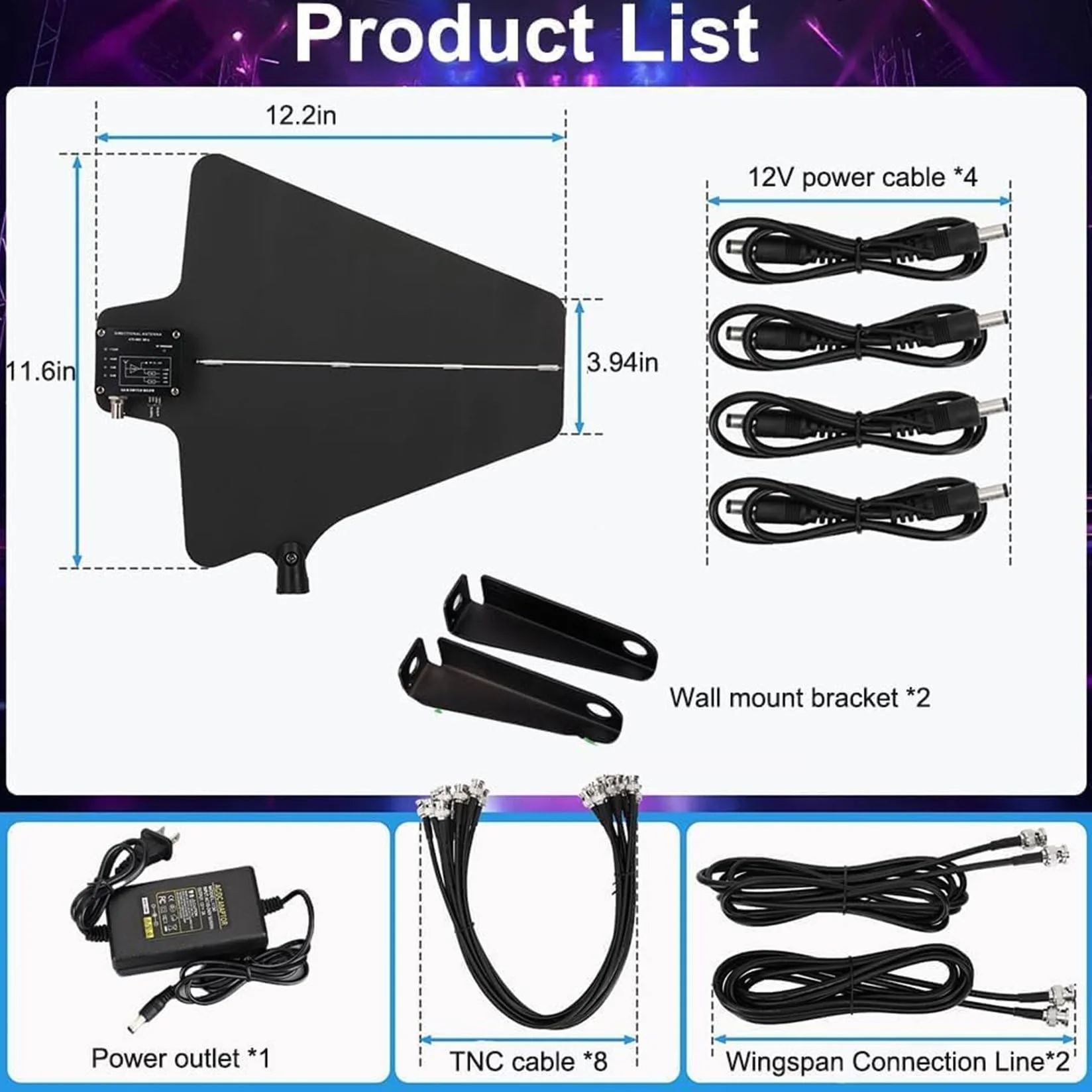 Amplificador De SeñAl De MicróFono InaláMbrico, DistribucióN De Antena UHF, Paletas De Antena Activas 8 Salidas + 2 Puertos En Cascada, Cubre Un Rango De Frecuencia De 400 A 950 MHz.