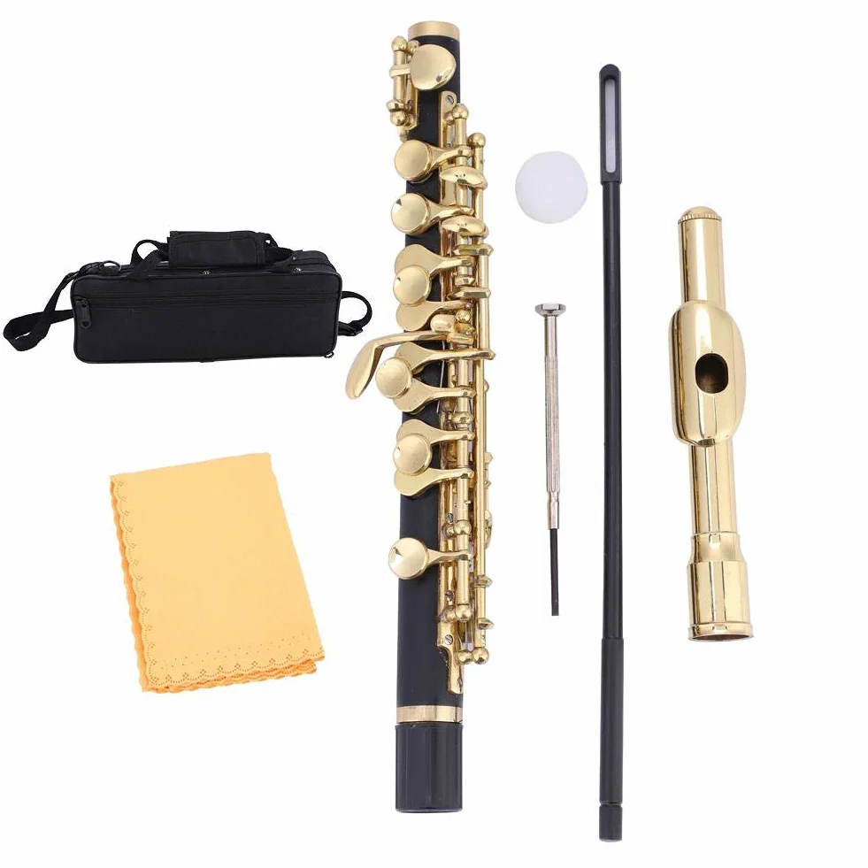 flautin piccolo C, Huairdum Conjunto de flautín, con Caja Acolchada Flauta de tamaño Medio, para niños y Adultos Principiantes y músicos(Golden)