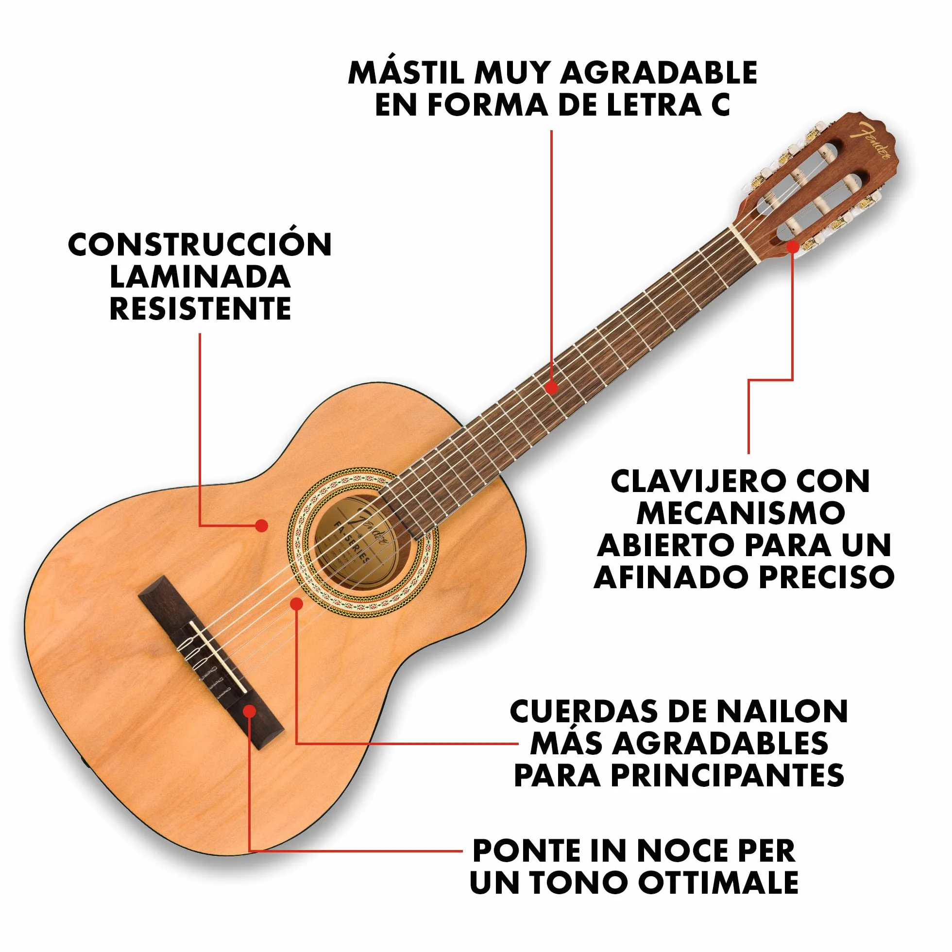 Fender FA-25N Guitarra Acústica de 3/4 Tamaño Con Cuerdas de Nylon, Para Principiantes, 2 Años de Garantía, Perfecta Para Niños, Fácil en los Dedos, Natural