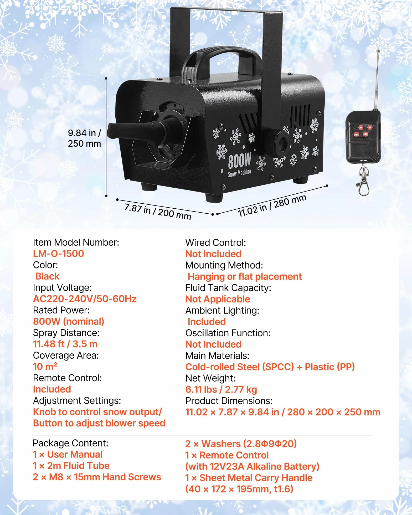 VEVOR 1500 W Máquina de Nieve, Máquina Portátil de Copos de Nieve Colgante con Asa, Control Remoto Inalámbrico y Depósito de 5 L, para Fiestas Navideñas, Efectos de Escenario, Decoración de Bodas