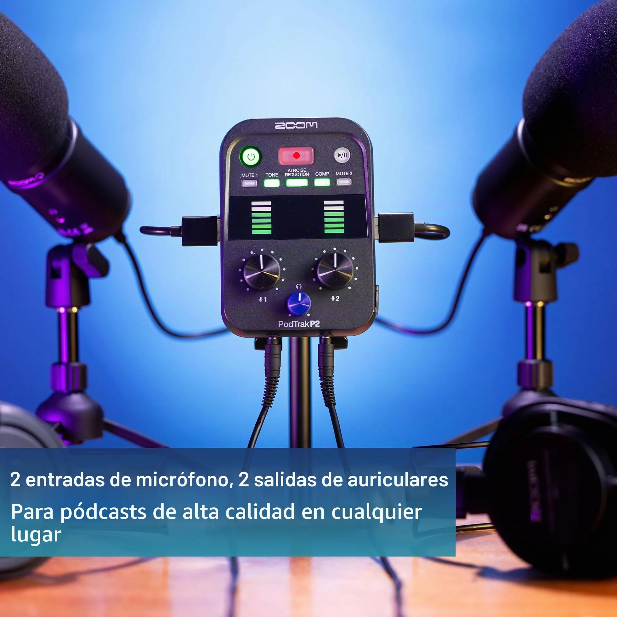 Zoom Grabadora de podcasts portátil P2 PodTrak e Interfaz de Audio USB | Mezclador de podcasting e Interfaz para grabación de Podcast móvil en Calidad de transmisión | 2 entradas de micrófono USB |