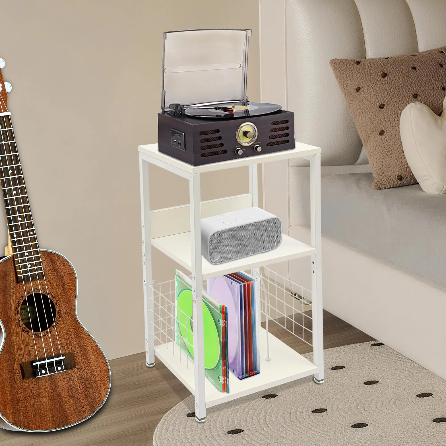 Soporte para discos de vinilo de 3 niveles, moderno con 4 almohadillas para los pies, soporte para tocadiscos con separadores extraíbles, capacidad de carga de 45,36 kg, para guardar