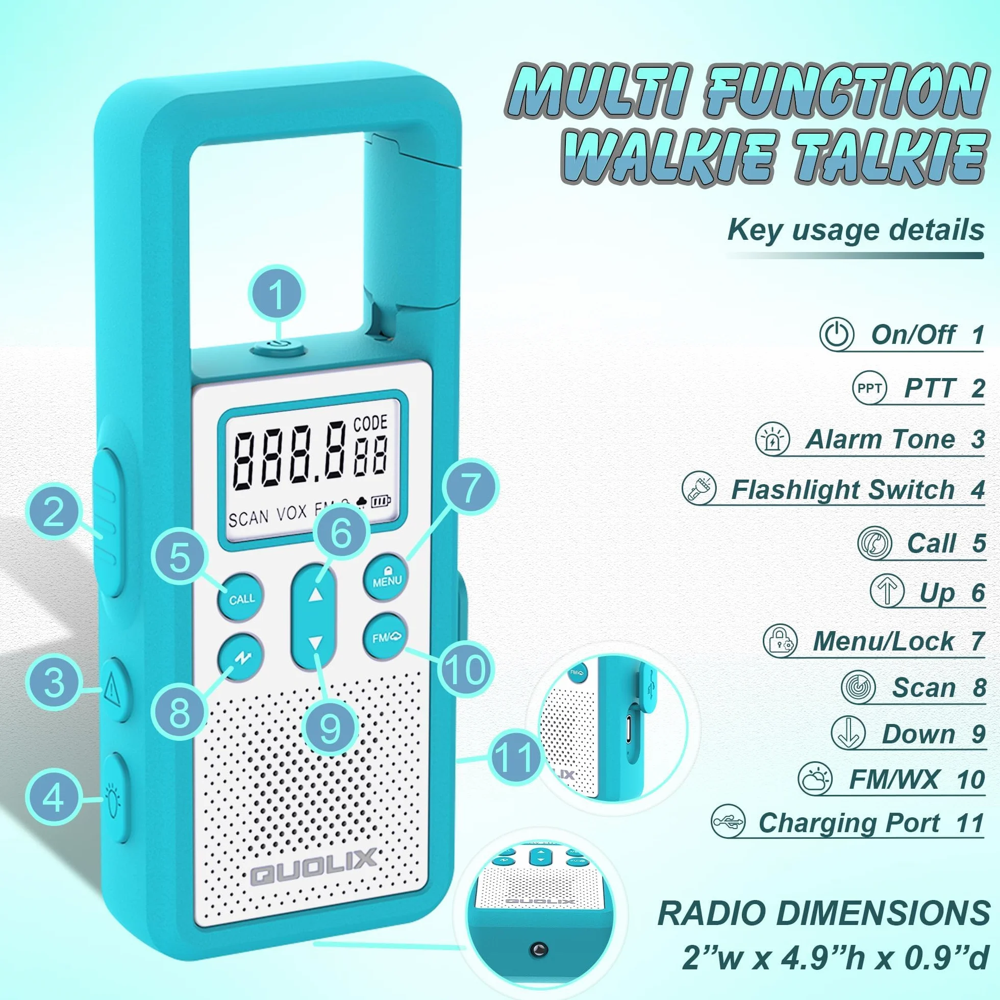 Walkie Talkie Largo Alcance, QUOLIX 4pcs Profesional USB Recargable con Batería Incorporada 8 Canales Radio - Fácil Emparejamiento Alerta SOS Activado por Voz VOX LED Linternas para Adultos Niños