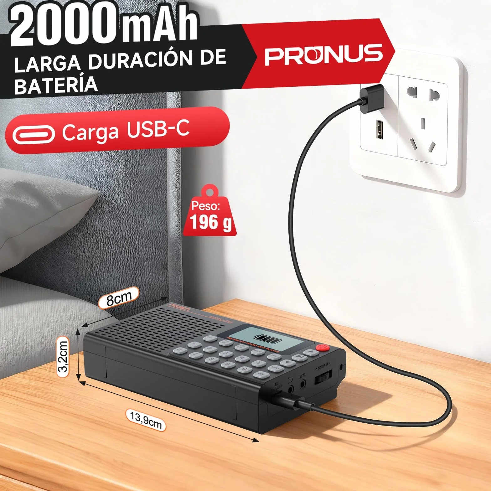 PRUNUS J-168 FM/Am/SW Radio Digital con Preajuste Manual, Radio Portatil Pequeña Recargable de 2000mah, Temporizador de Sueño, Excelente Recepción, Radios con Bluetooth 5.0, Reproductor de TF.