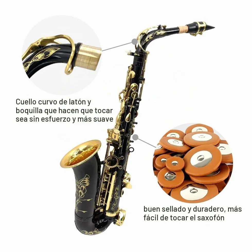 Saxofón alto Eb para principiantes, kit completo de saxofón con funda dura, boquilla, correa para el cuello, lengüetas, kit de limpieza, ideal para estudiantes y profesionales (negro)