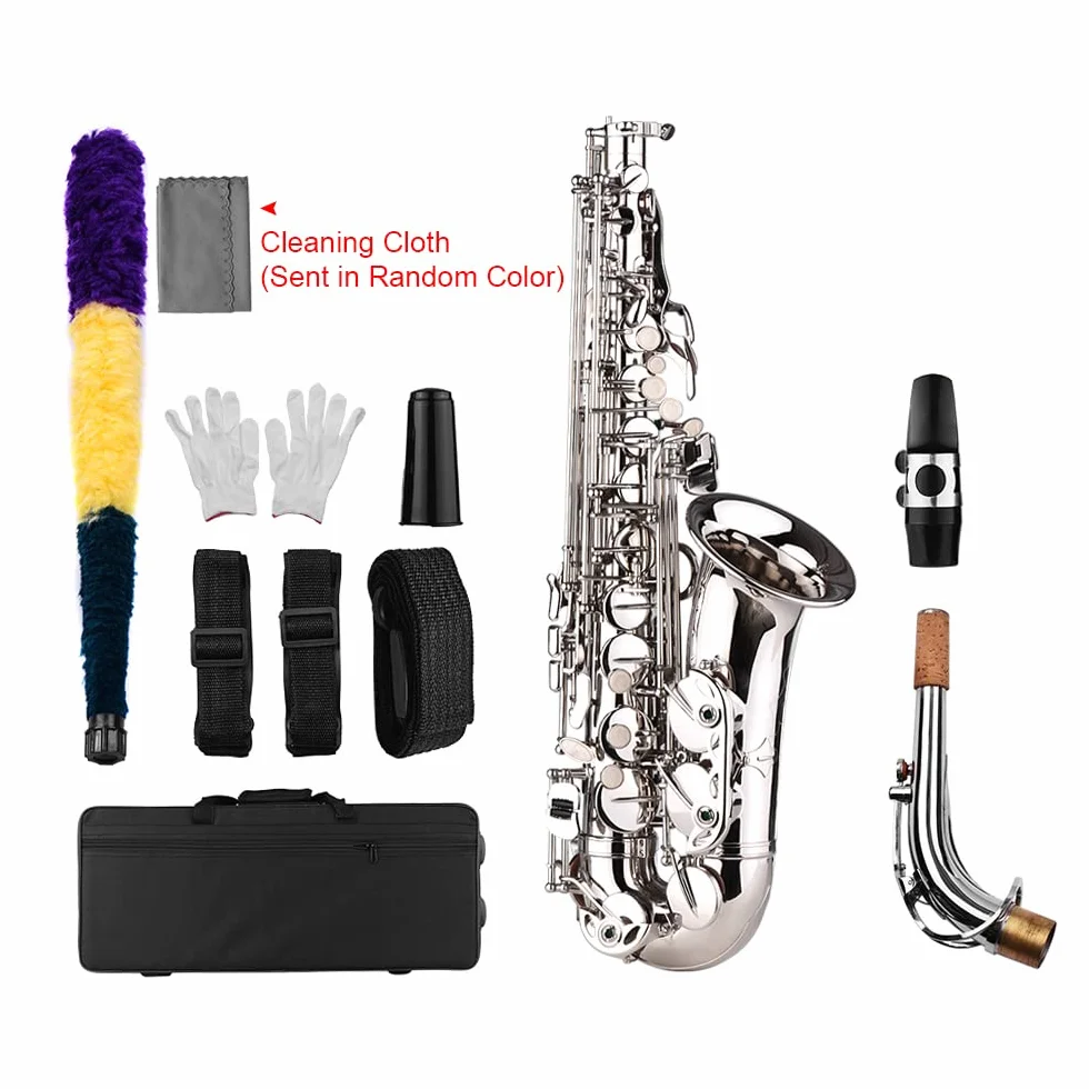 Btuty Saxofón Sax Eb Alto Latón E Plano con Patrón Tallado en Superficie, Boquilla de Plástico Exquisita con Guantes, Paño de Limpieza, Cepillo, Correas