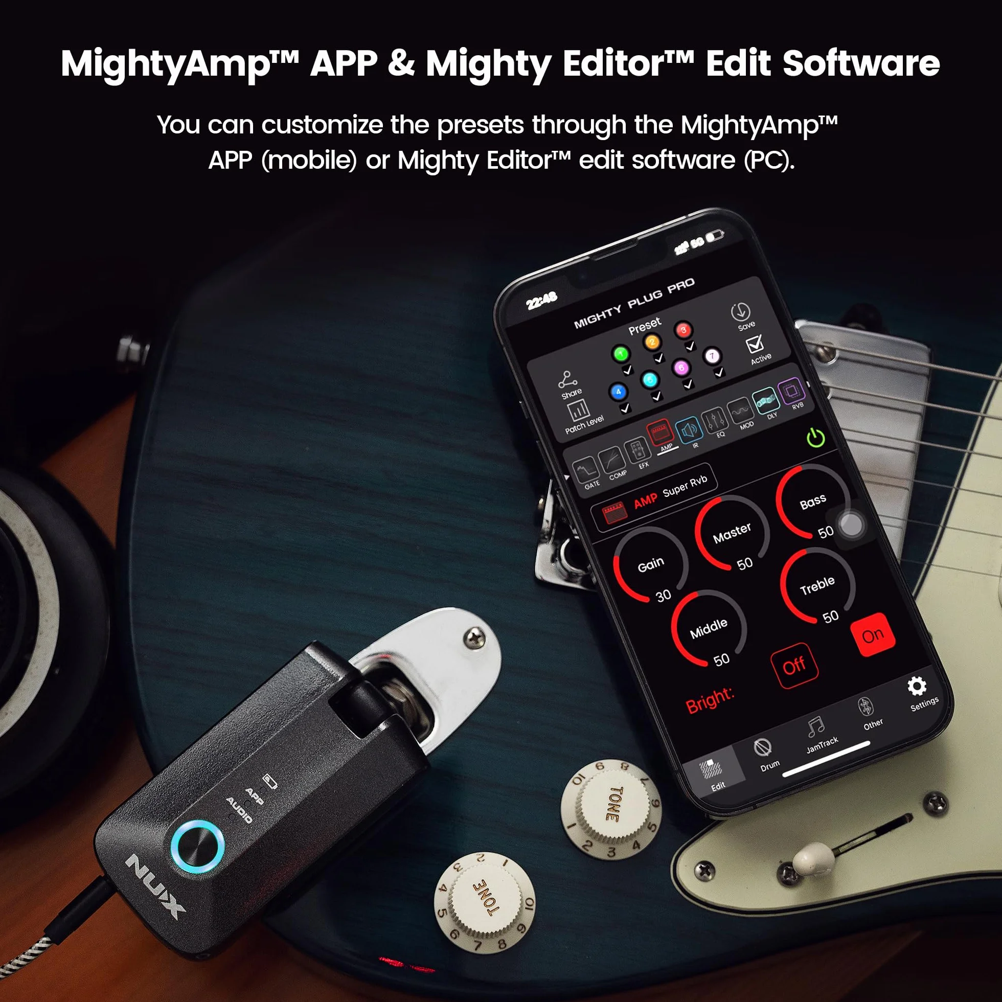 NUX MP-3 Mighty Plug Pro Amplificador de auriculares para guitarra con efectos y modelos IR/amplificador