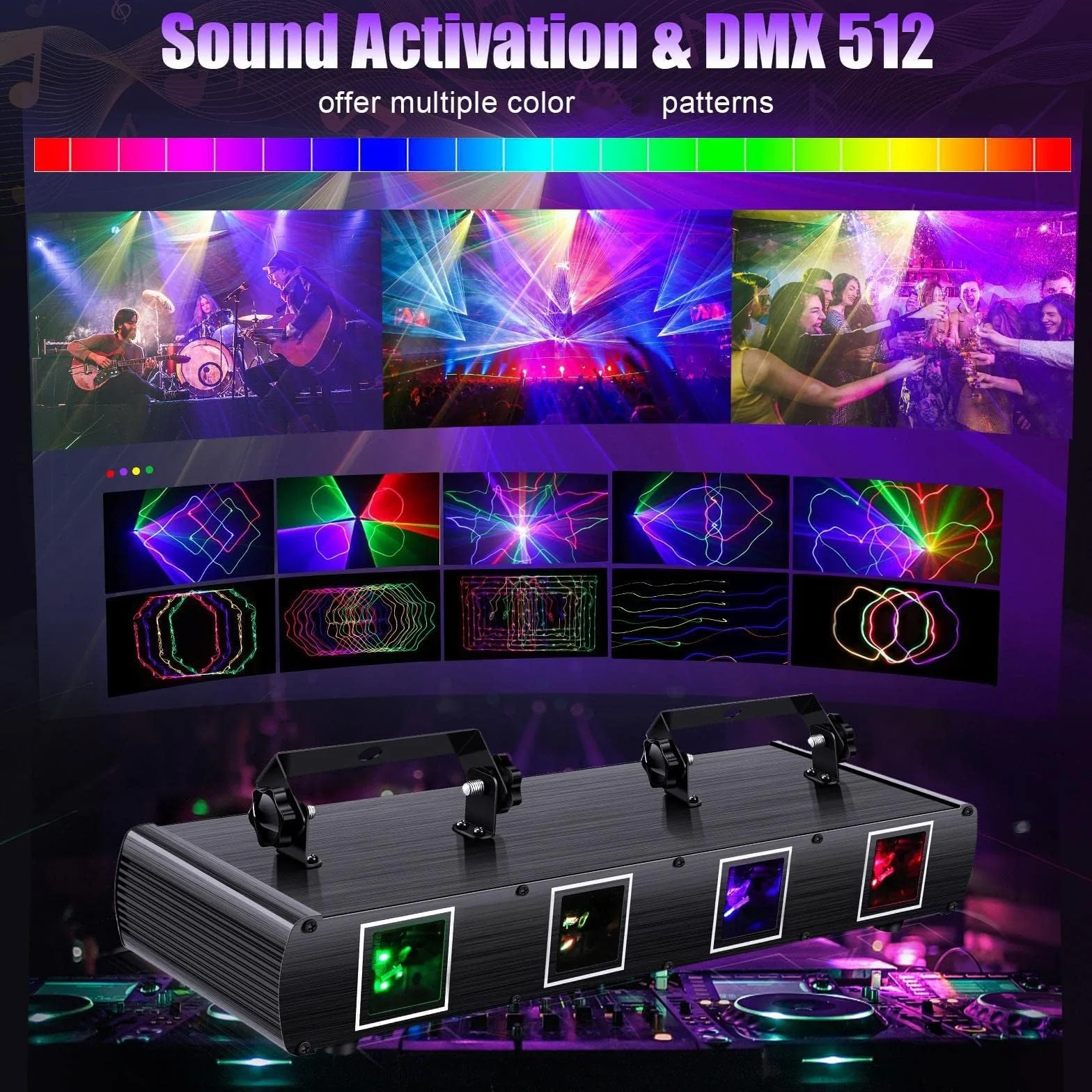 Luces de discoteca, luces LED RGBY de 4 lentes for DJ, luces de fiesta for escenario, activadas por sonido/DMX autopropulsadas/maestro-esclavo, 100 patrones/300 efectos, for cumpleaños, DJ, espectácul