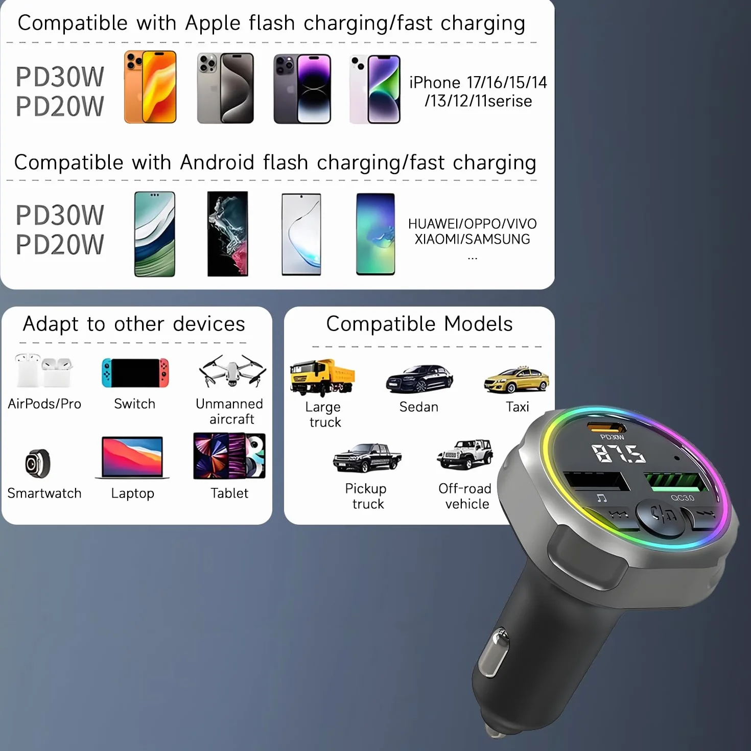 Qumox Transmisor FM Bluetooth 5.3 para Coche, Cargador PD 30W + QC3.0, Luz Ambiental RGB, Puertos USB Dobles, Manos Libres, Audio Hi-Fi, Compatible con iPhone/Samsung/Todo Tipo de Vehículos