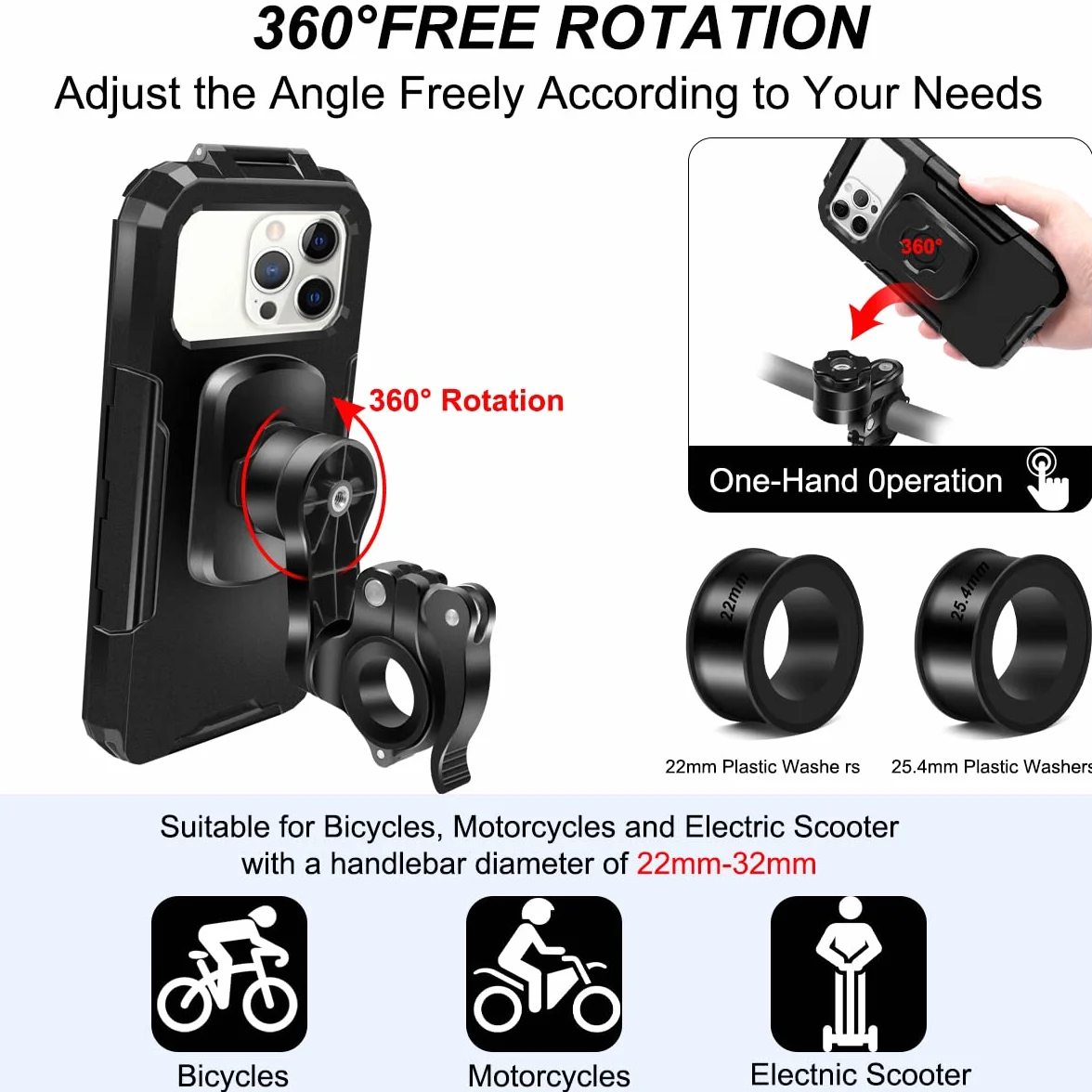 Soporte Movil Moto Impermeable 360°Rotación Universal Soporte Movil Bicicleta Desmontable con Pantalla Táctil, Anti Vibración Soporte para Telefono Movil de Motocicleta para 5.5"-6.8" Movil (L)