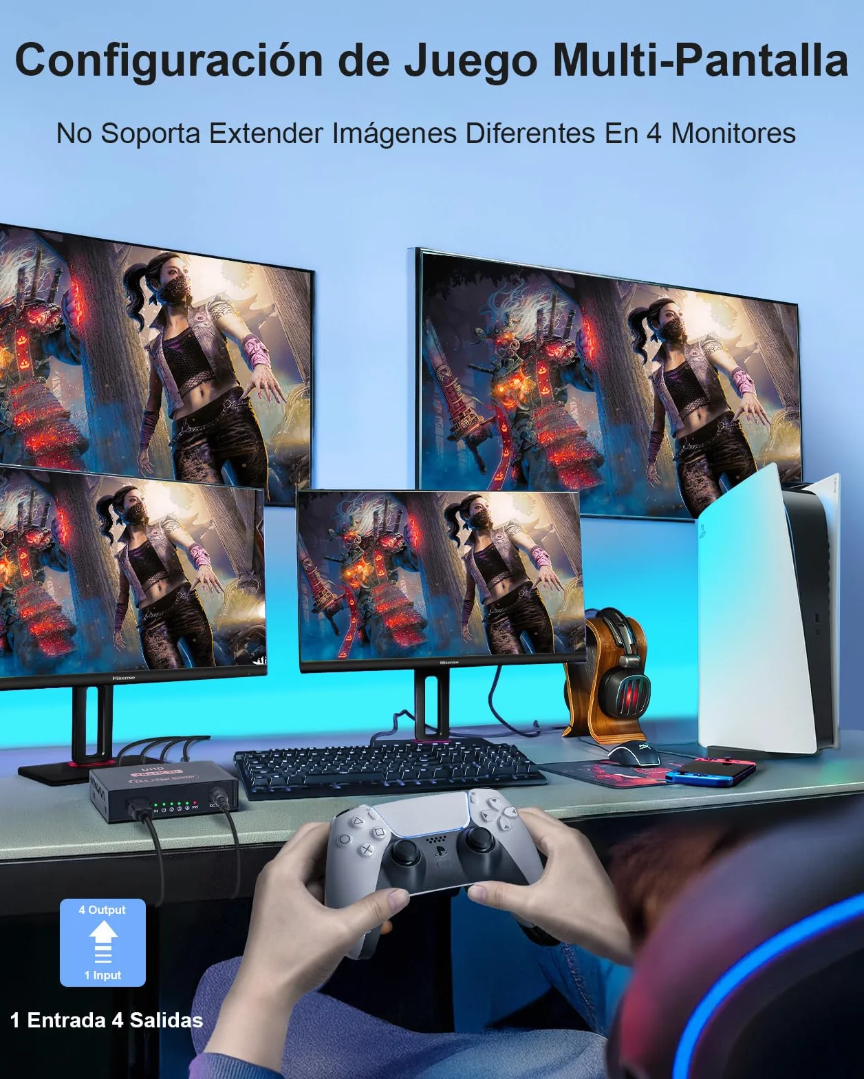 L'Puluva HDMI Splitter 1 in 4 out, Splitter 4K para 4 Monitores, Distribución 4 Vías, Adaptador HDMI Múltiple para PC, Laptop, HDTV, Proyector, 1 Entrada 4 Salidas, Solo Espejo, Sin Extender