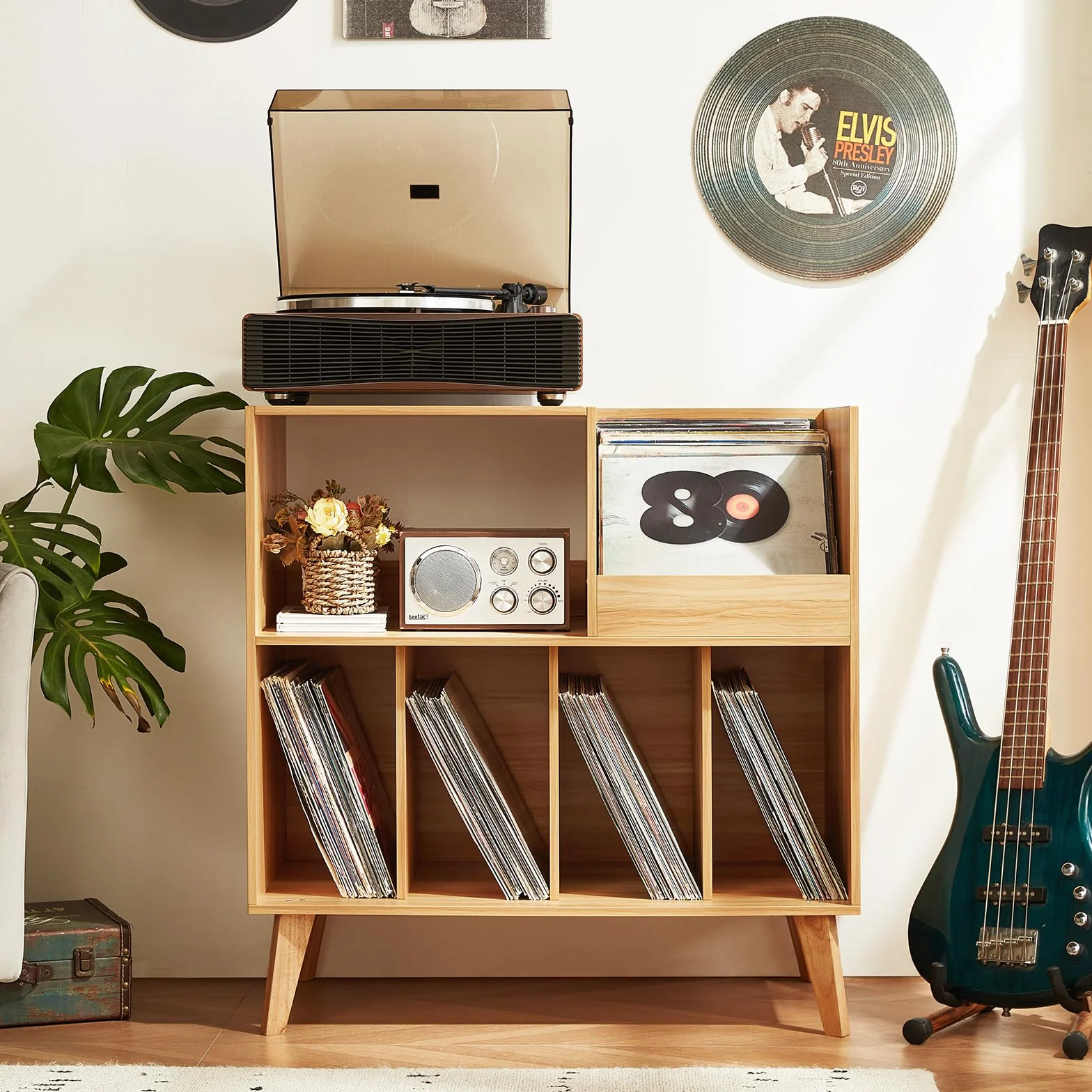 Gran soporte para discos con almacenamiento, soporte para tocadiscos con estante, soporte para discos de vinilo con área de exhibición, soporte para discos para hasta 300 álbumes, estantería para
