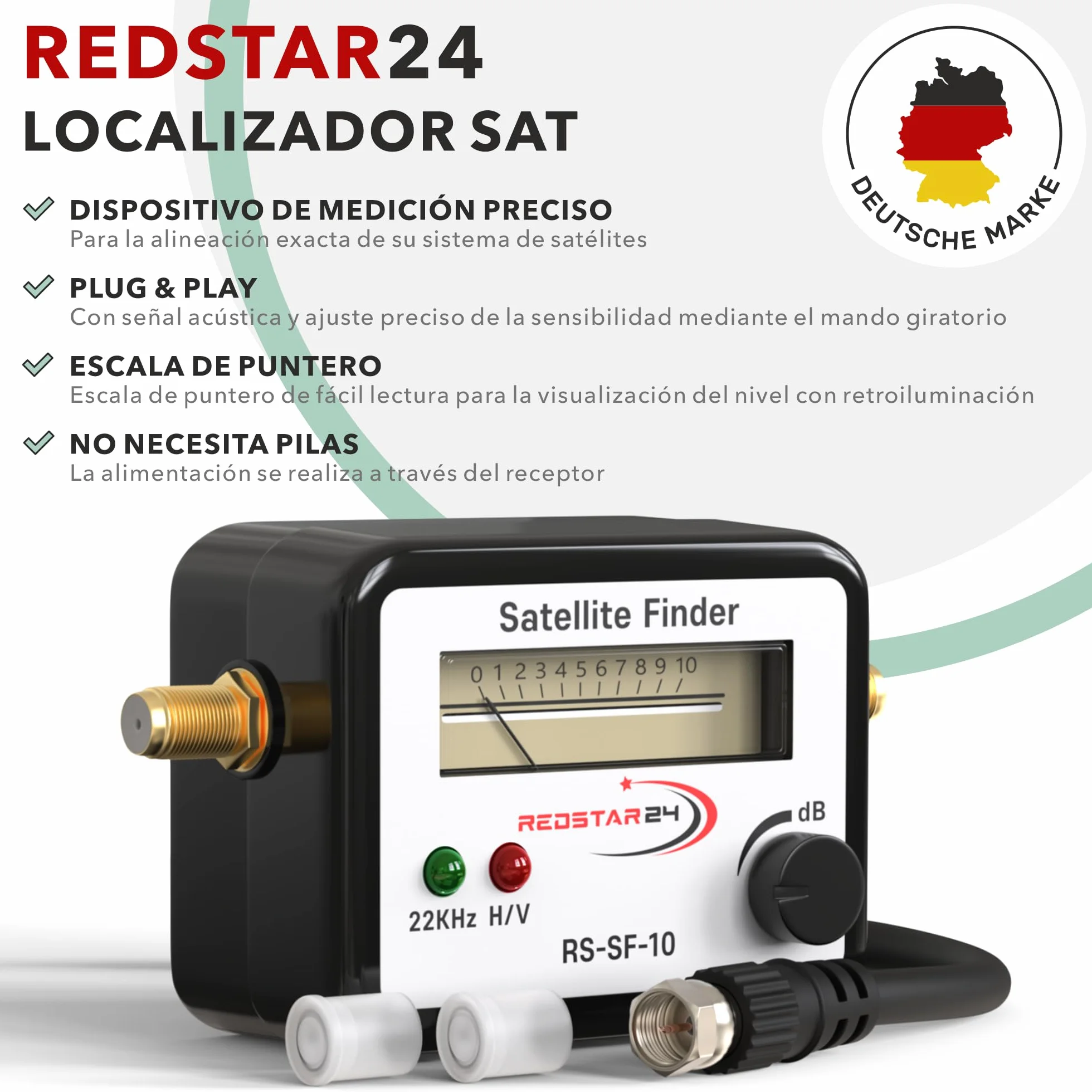 RedStar24 Satfinder | Medidor de señal SAT con audio y cable de conexión F para ajustar su antena de satélite digital | Localizador de satélites digital