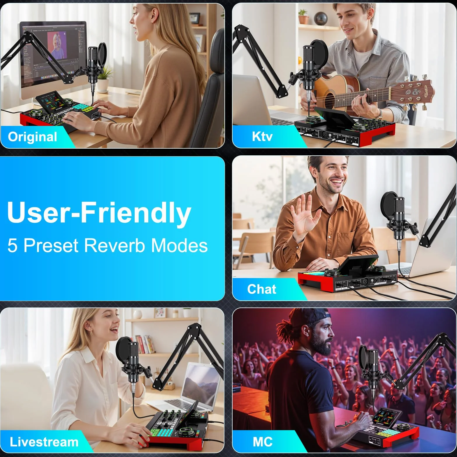 Equipo de podcast con tarjeta de sonido en vivo, mezclador de audio y micrófono de condensador de 3,5 mm para canto en vivo, creación de contenido en streaming y tablero de sonido con soporte para