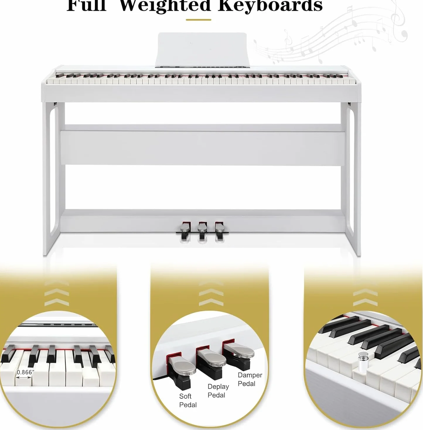 LEADZM Piano Digital de 88 Teclas, Teclado Contrapesado, Piano Eléctrico con MIDI USB, Audio Bluetooth y Altavoces Estéreo, 128 Tonos y Ritmos, Sistema de 3 Pedales (Blanco)