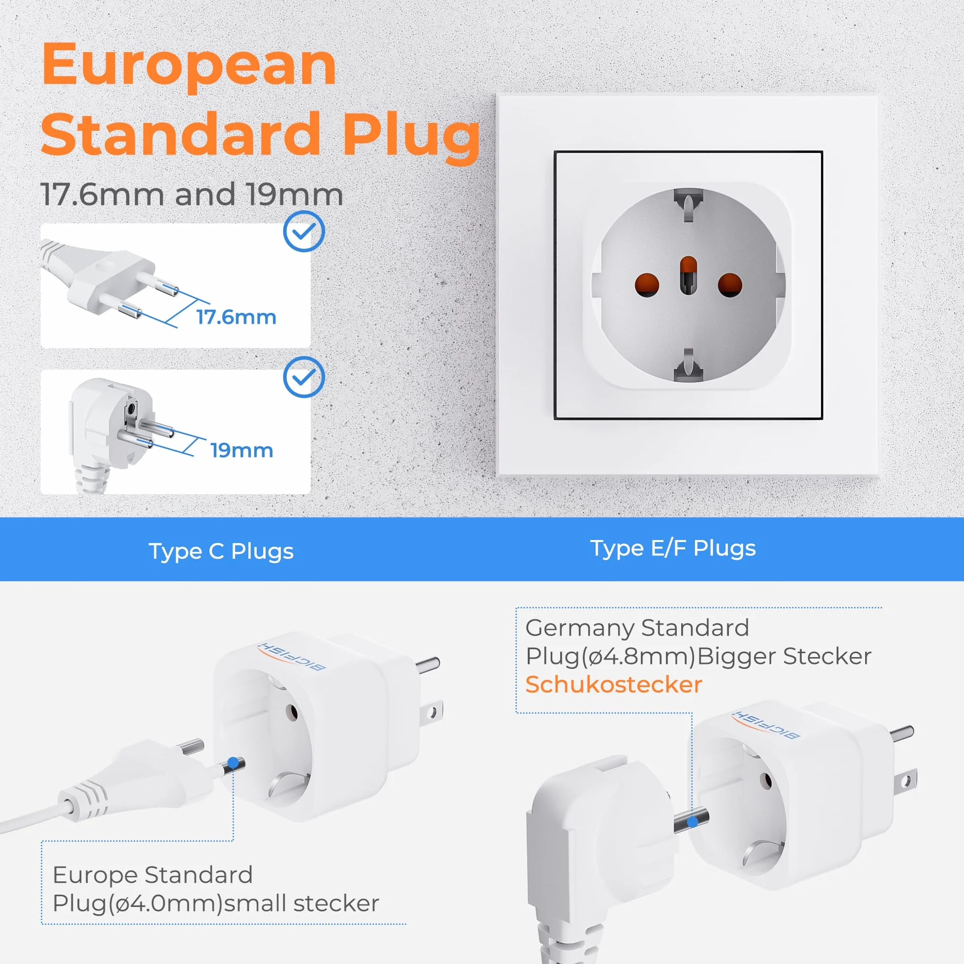 Bigfish Adaptador Enchufe USA Tipo B 2 Piezas, Adaptador Enchufe Americano – De 2-Pin Europa a 3-Pin Estados Unidos, Canadá, México y Tailandia
