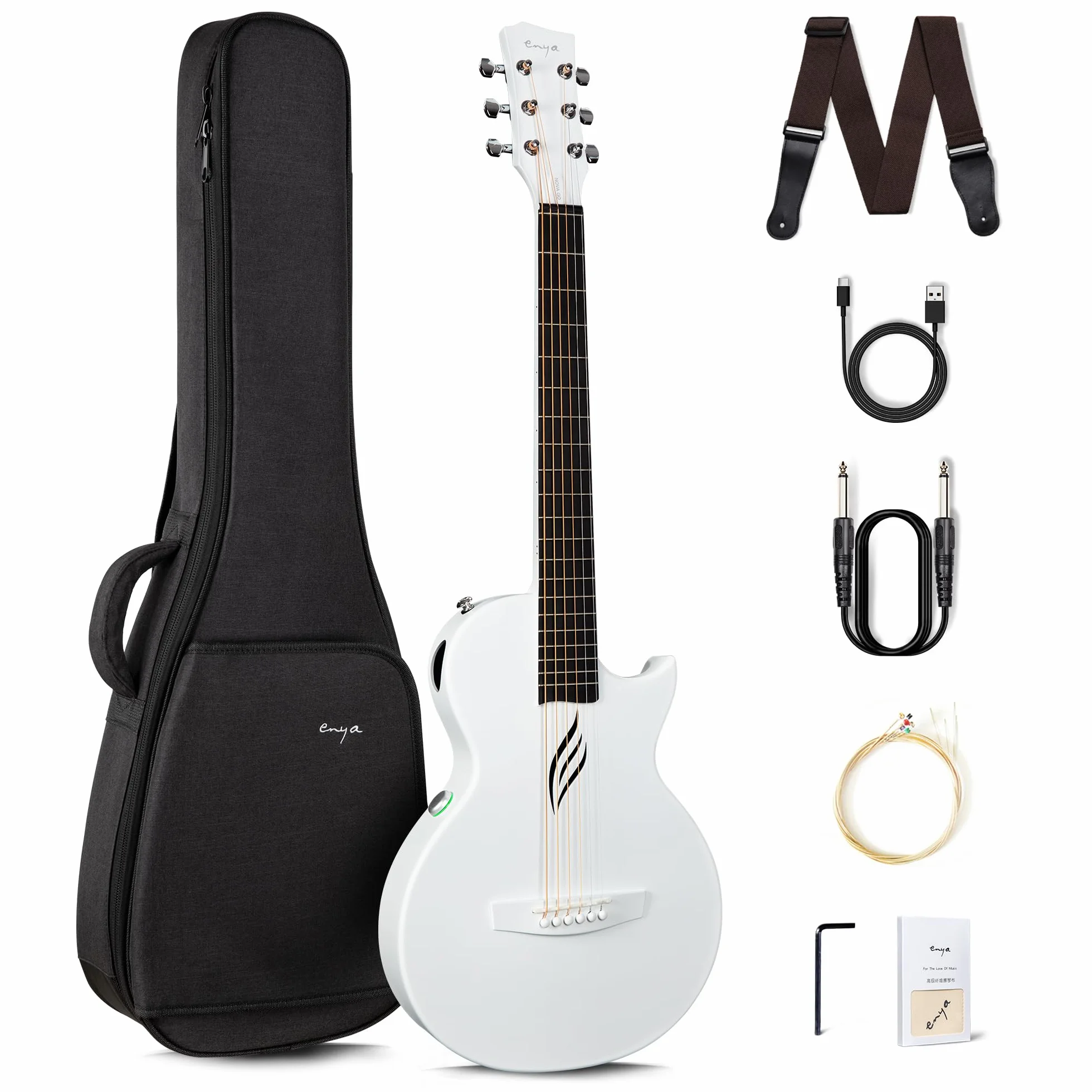 Enya Kit Guitarra Eléctrica Acústica - 1/2 Nova Go SP1 Blanca con pastilla Smart AcousticPlus Pequeña y liviana para niños Adultos Principiantes Set de iniciación Banda de Viaje