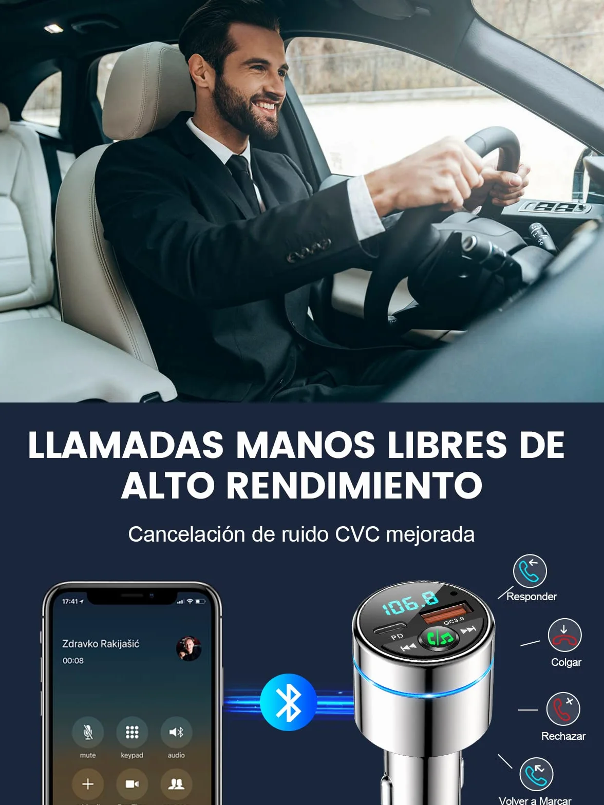 Mohard Transmisor FM Bluetooth Coche 5.3, Metal PD 30W & QC3.0 18W Cargador Coche Rápido, Manos Libres Receptor Música Bluetooth con Cancelación Ruido, con Anillo Luz & Música Alta Fidelida Car