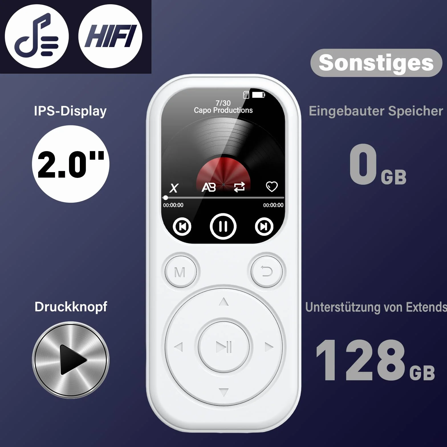 Reproductor MP3 Bluetooth 128 GB con Radio FM, Grabadora Voz, Sonido HiFi, Función E-Book, Blanco