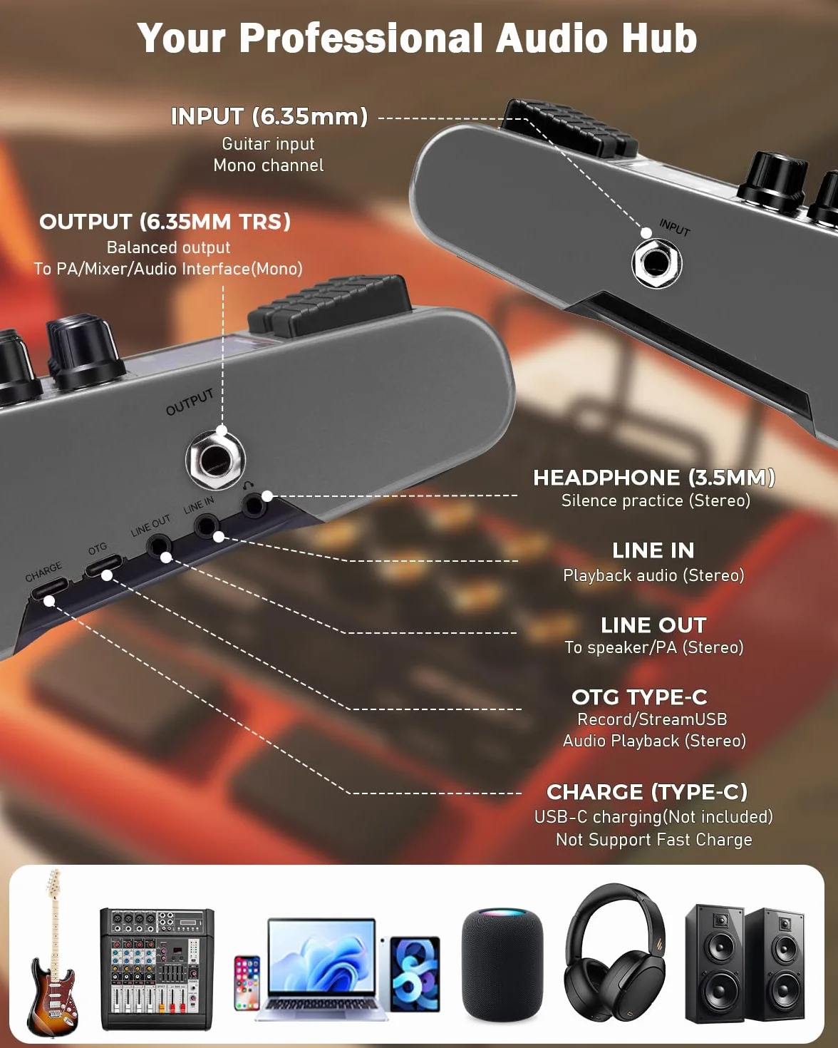 JOYO - Amplificador combinado de guitarra de 10 W portátil con pedal multiefectos – 14 modelos de amplificador, 3 bandas, 36 ritmos & Looper, grabación OTG, Bluetooth (Jam Buddy II, Gris)