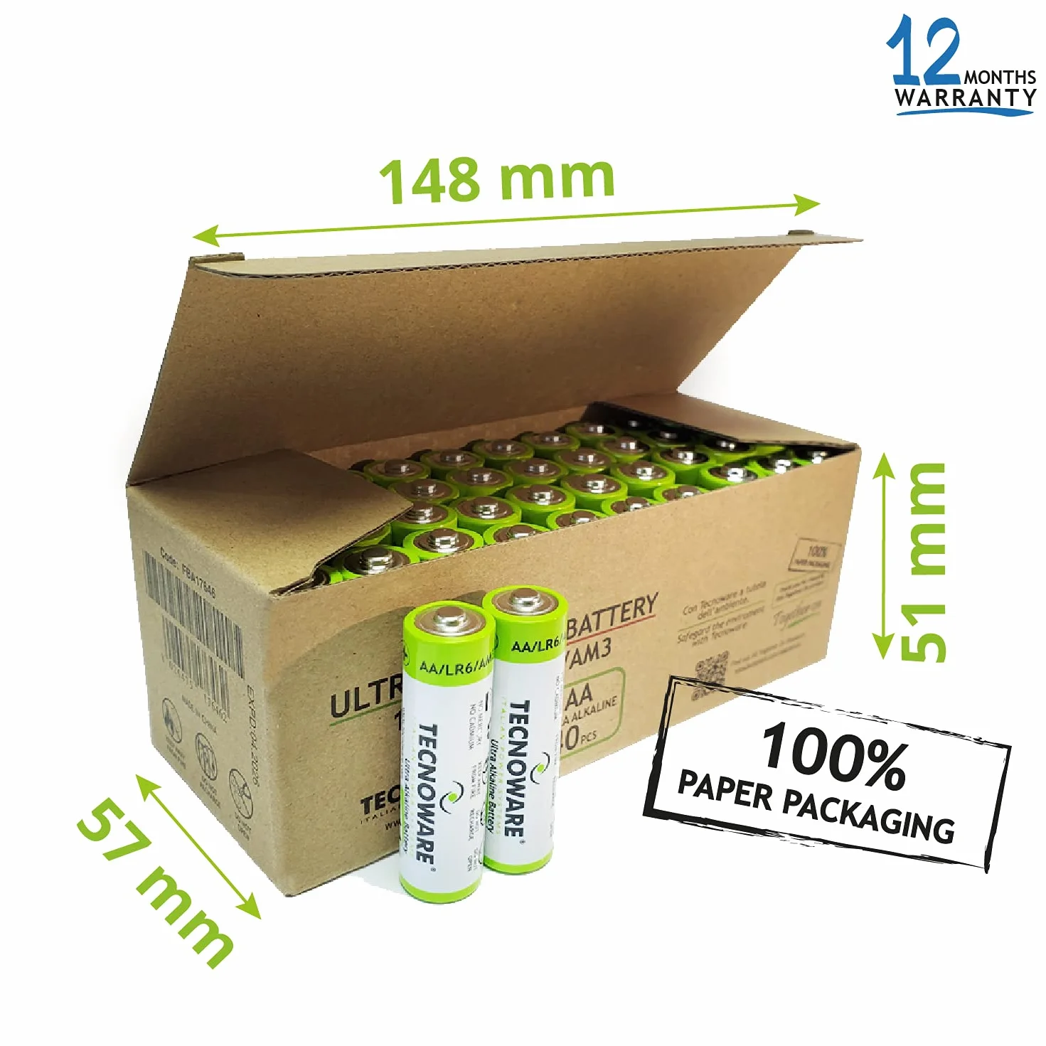 Tecnoware Pilas Alcalinas AA 1,5V Paquete 40, Duraderas Antifugas Ecológicas Reciclable