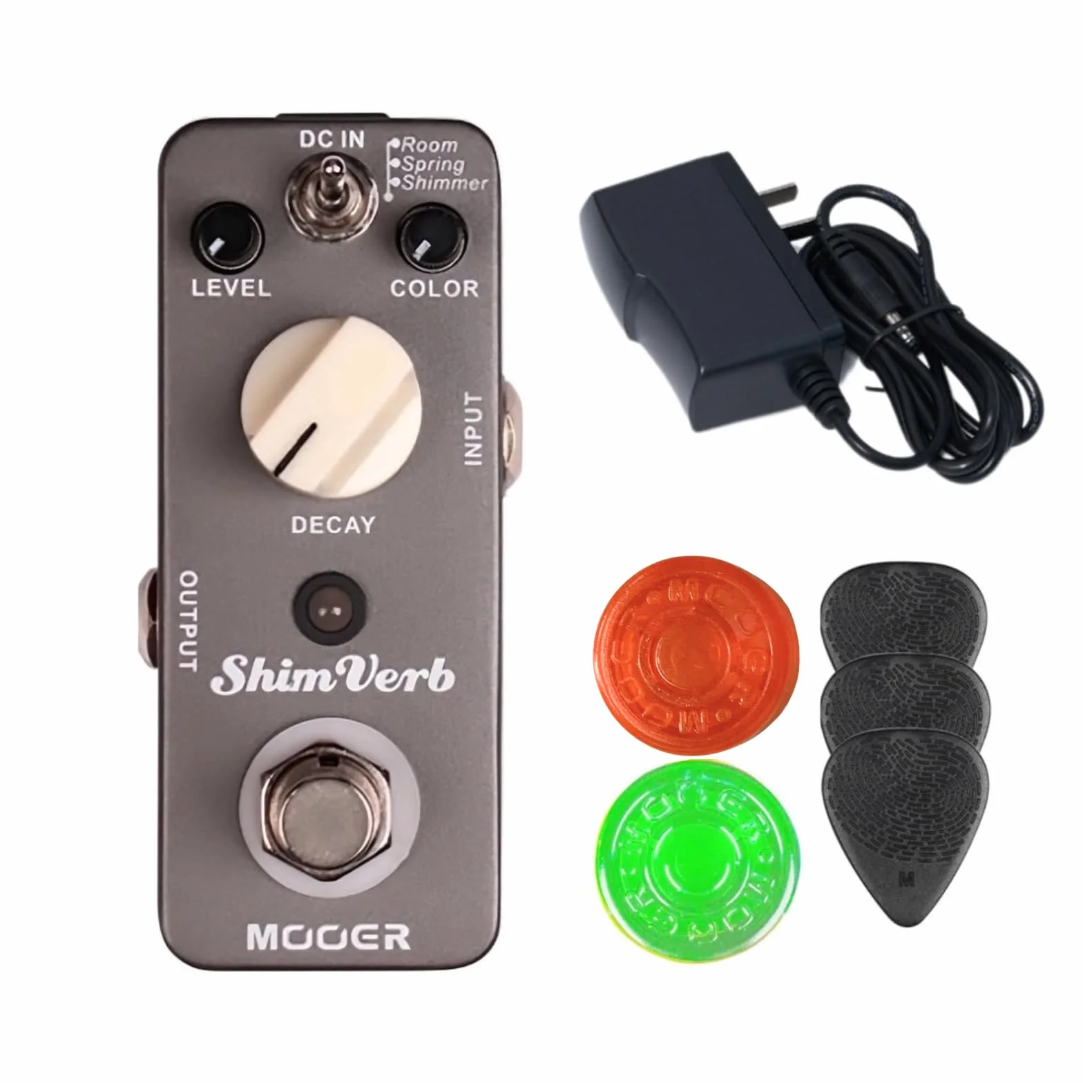 MOOER Shimverb Room, Spring - Pedal de reverv de guitarra brillante con fuente de alimentación de pedal de 9 V 300 mAh, tapa de interruptor de pie de pedal, púas de guitarra