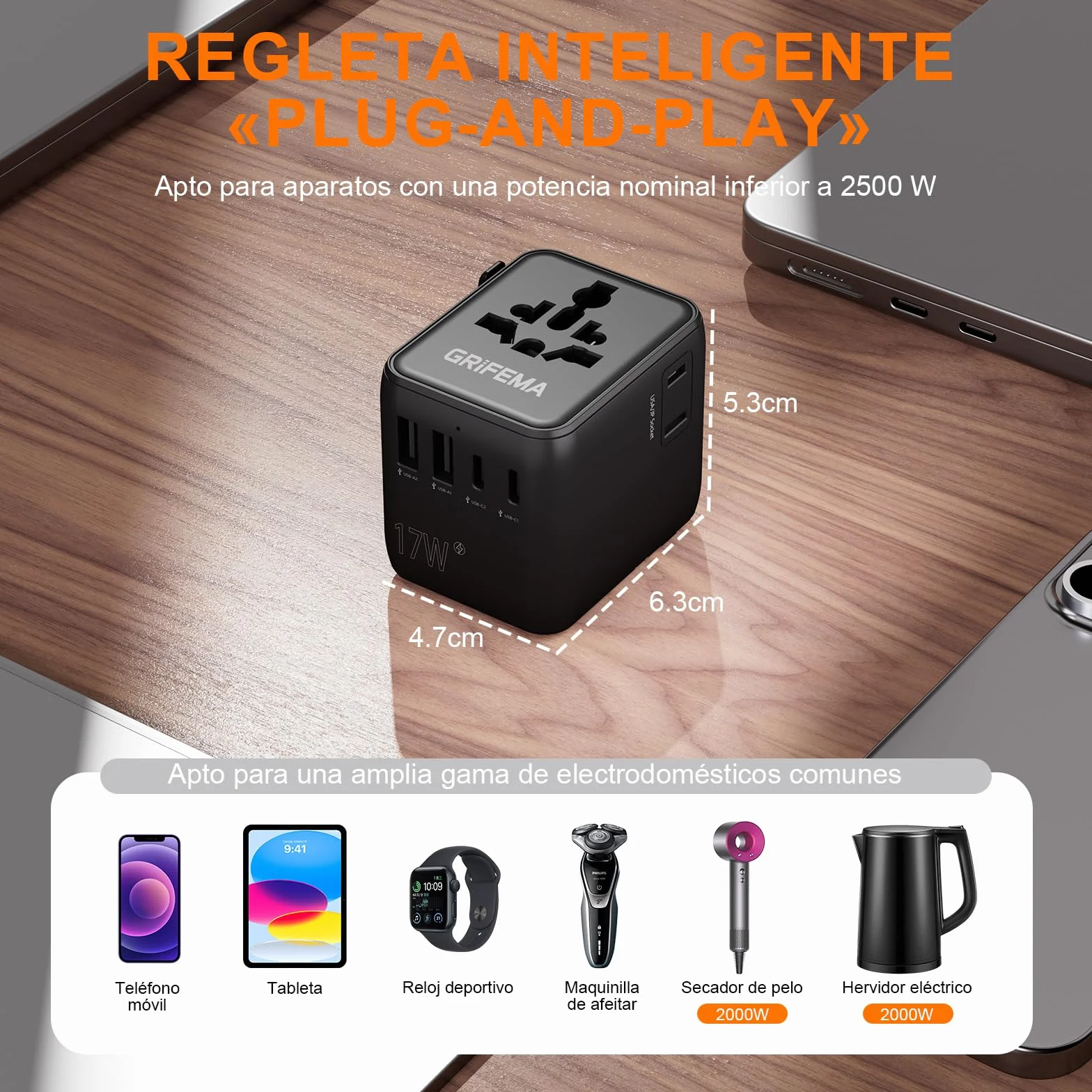 GRIFEMA Adaptador Enchufe Universal de Viaje, Cargador Internacional 6 en 1 con 2 USB-C, 2 USB-A y 2 Tomas AC, Adaptador Corriente para Reino Unido, USA, Europa, Australia, Italia, Japón