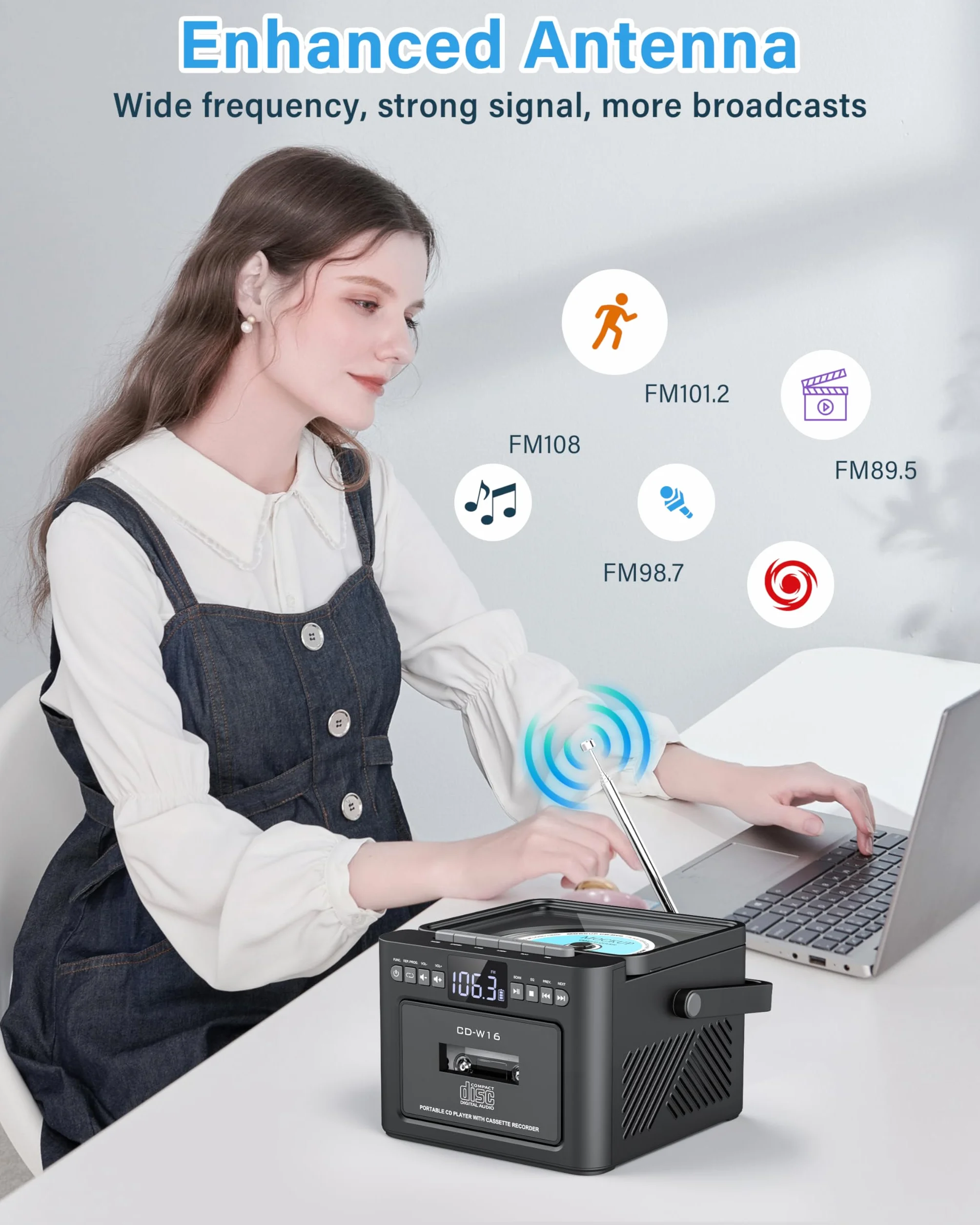 Greadio Reproductor de CD portátil para el hogar, reproductor de casete Boombox recargable, reproductor de CD de radio FM con Bluetooth, batería de 5000 mAh, control remoto, USB, AUX, tarjeta TF/SD,