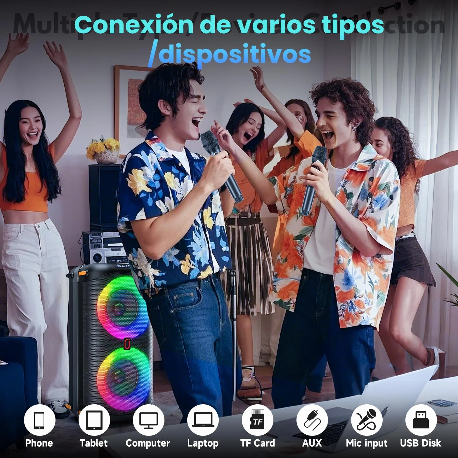 HWWR Máquina Karaoke, Altavoces Bluetooth portátiles con 2 micrófonos inalámbricos para Adultos, Sistema Caja Karaoke PA con Luces de Discoteca para Grandes Fiestas, Soporte TF/USB/FM/Rec/AUX